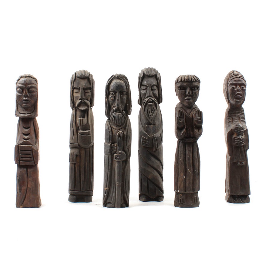 Six Spanish Style Hand Carved Wood Figures