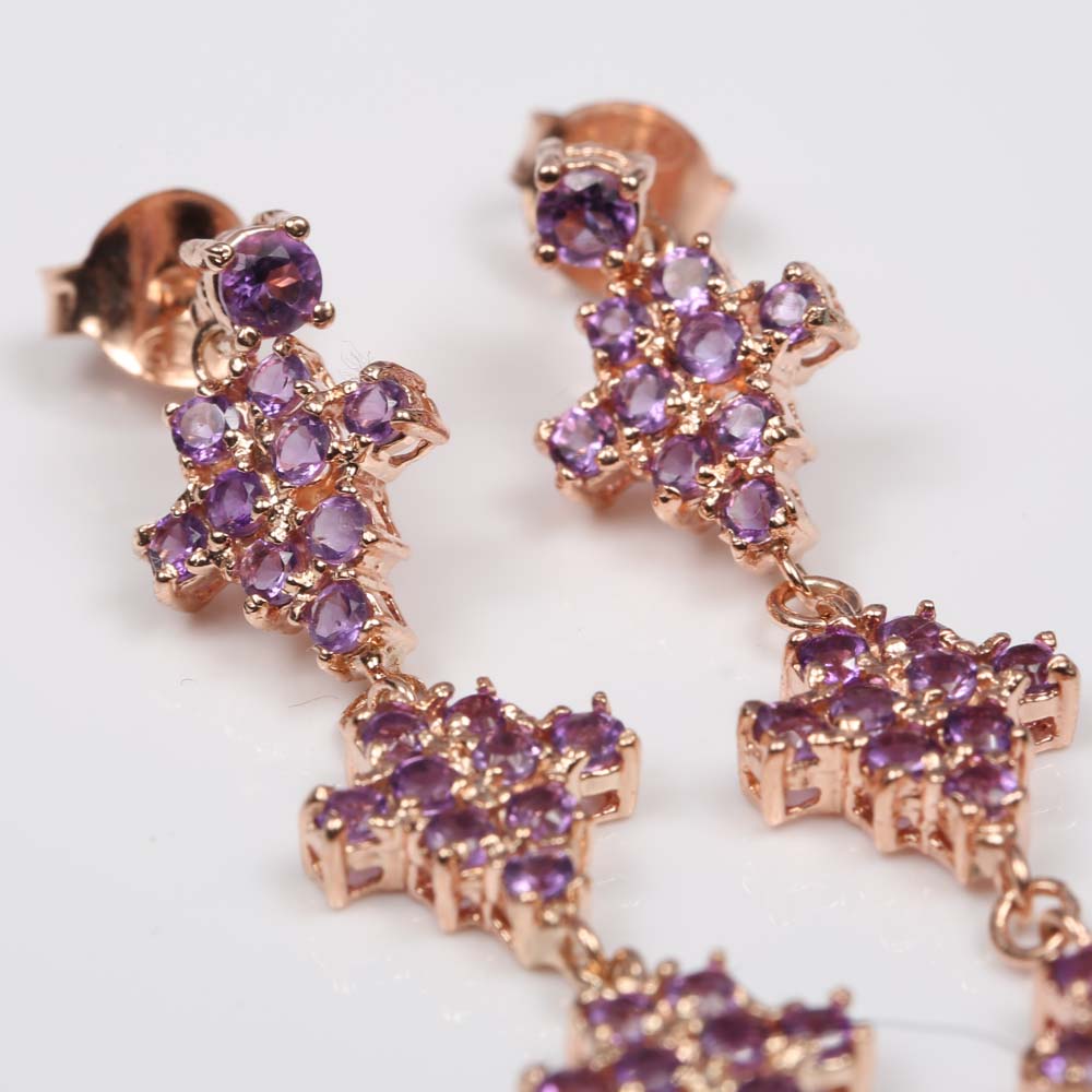 Sterling Silver Amethyst Dangle Earrings with Rose Gold Wash