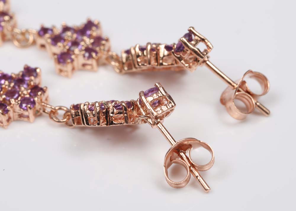 Sterling Silver Amethyst Dangle Earrings with Rose Gold Wash