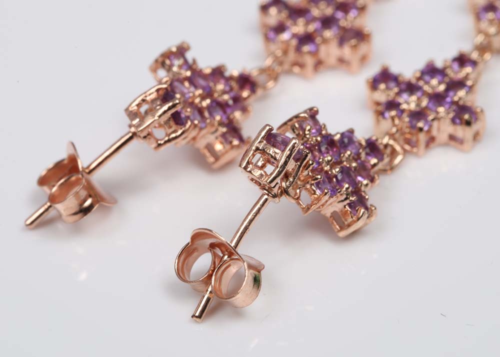 Sterling Silver Amethyst Dangle Earrings with Rose Gold Wash