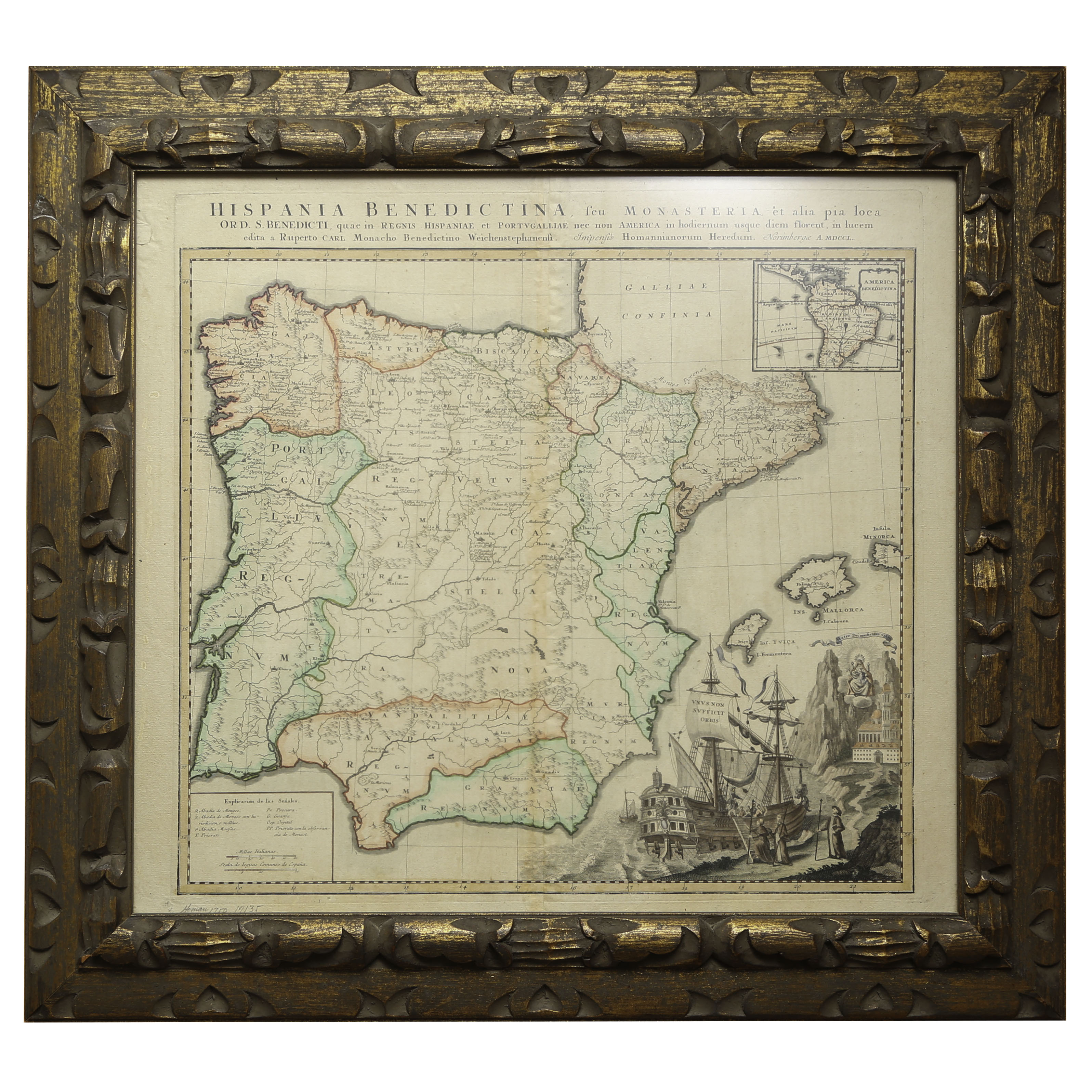 Vintage Hand Colored Map of Benedictine Monasteries in Spanish