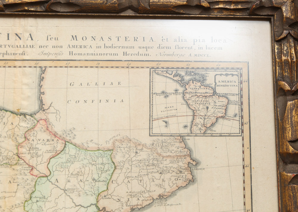 Vintage Hand Colored Map of Benedictine Monasteries in Spanish