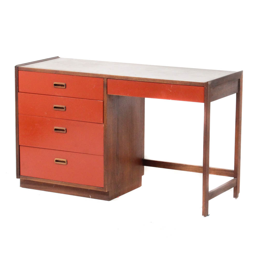 Modern Style Walnut Veneer Desk with Red Drawers