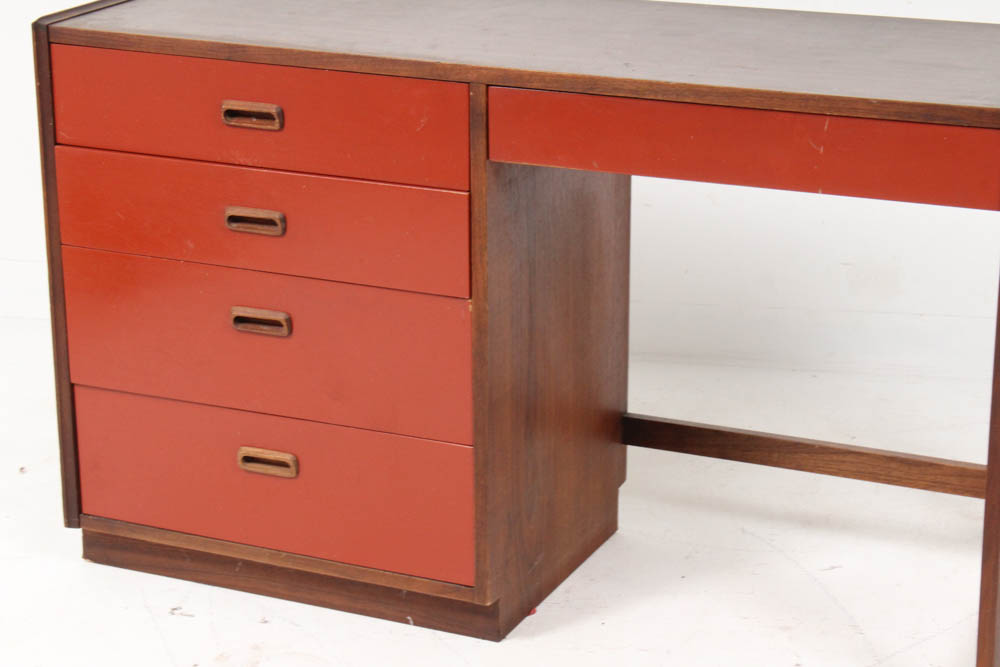 Modern Style Walnut Veneer Desk with Red Drawers