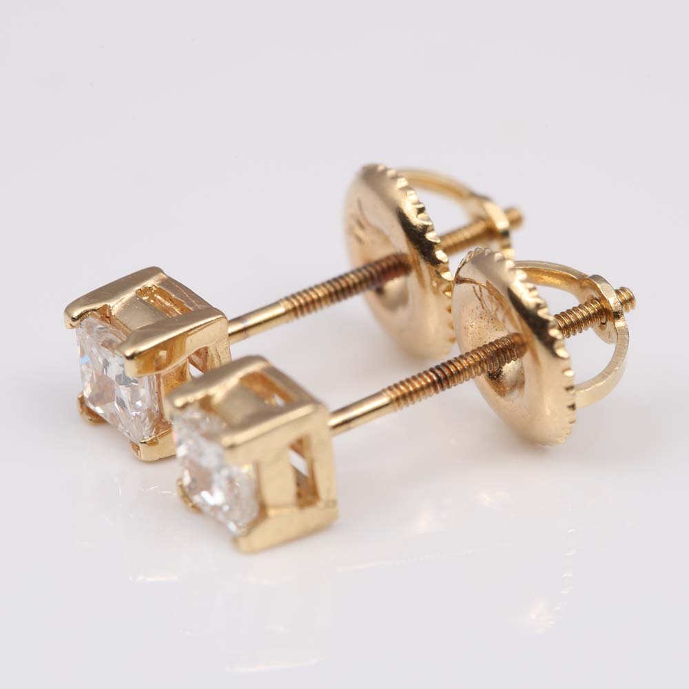 14K Yellow Gold Princess Cut Diamond Stud Earrings