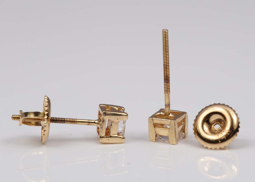 14K Yellow Gold Princess Cut Diamond Stud Earrings