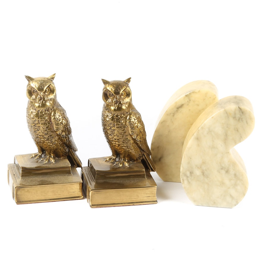 Brass Owl and Italian Marble Bookends