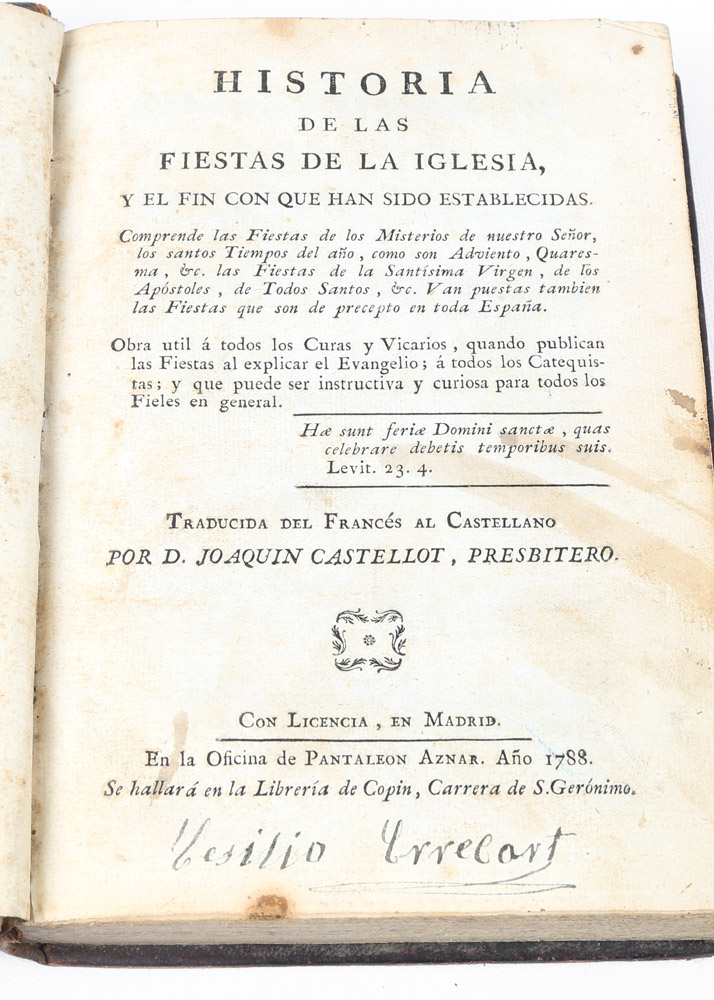 Antique 1788 "History of the Holidays of the Church" in Spanish