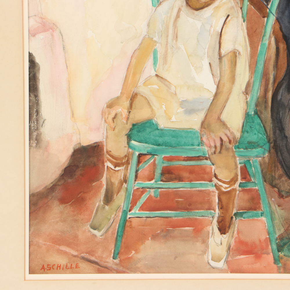 Alice Schille Watercolor Painting "Child on Green Chair"