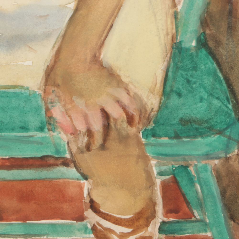 Alice Schille Watercolor Painting "Child on Green Chair"