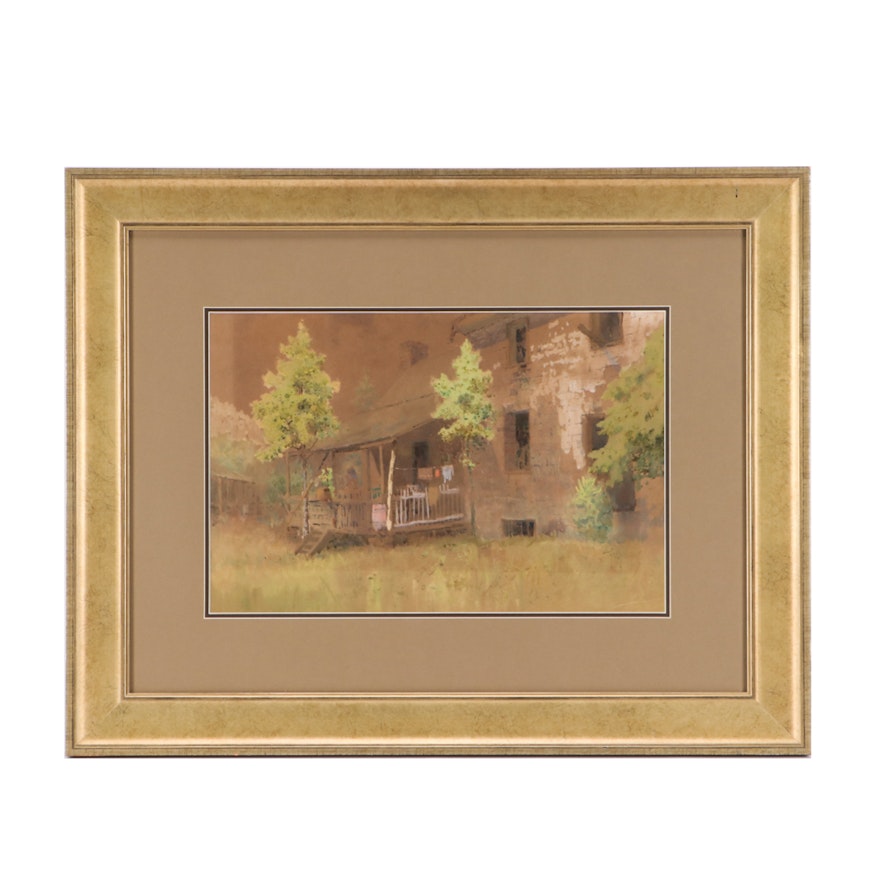 Paul Sawyier Watercolor Painting of a Wooden Cabin and Porch