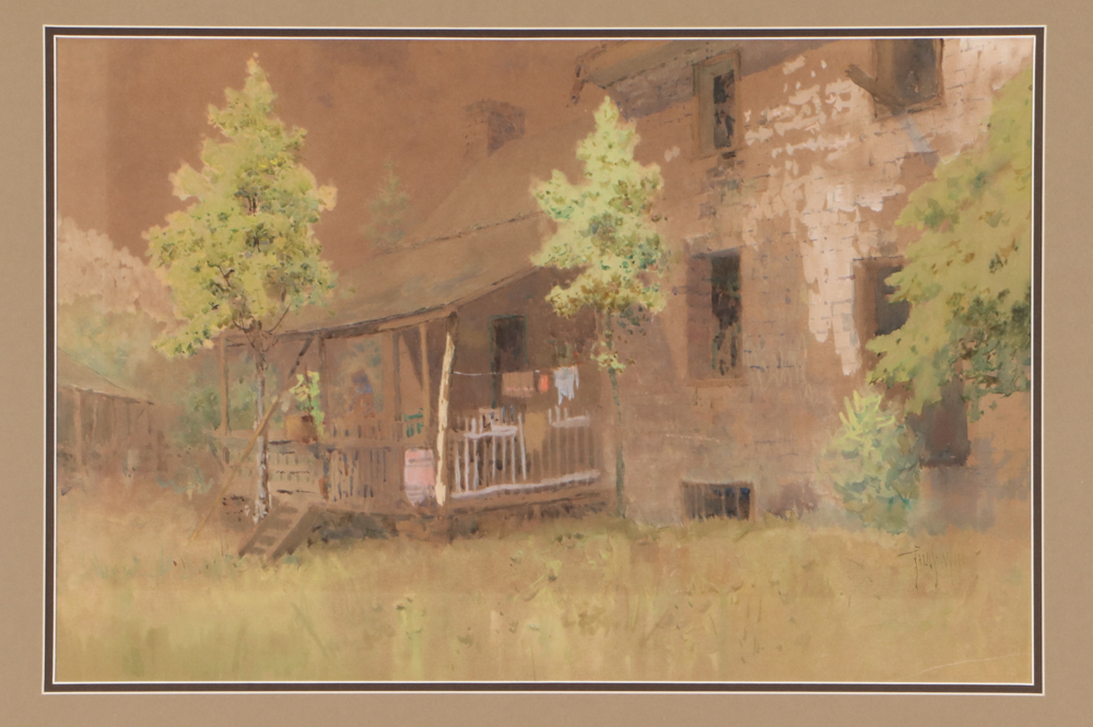 Paul Sawyier Watercolor Painting of a Wooden Cabin and Porch