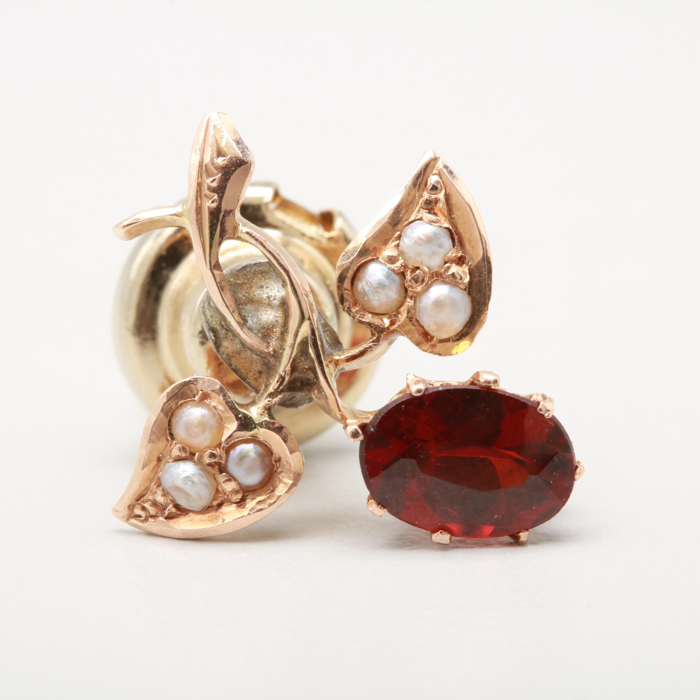 Victorian 14K Rose Gold Garnet and Cultured Seed Pearl Pin