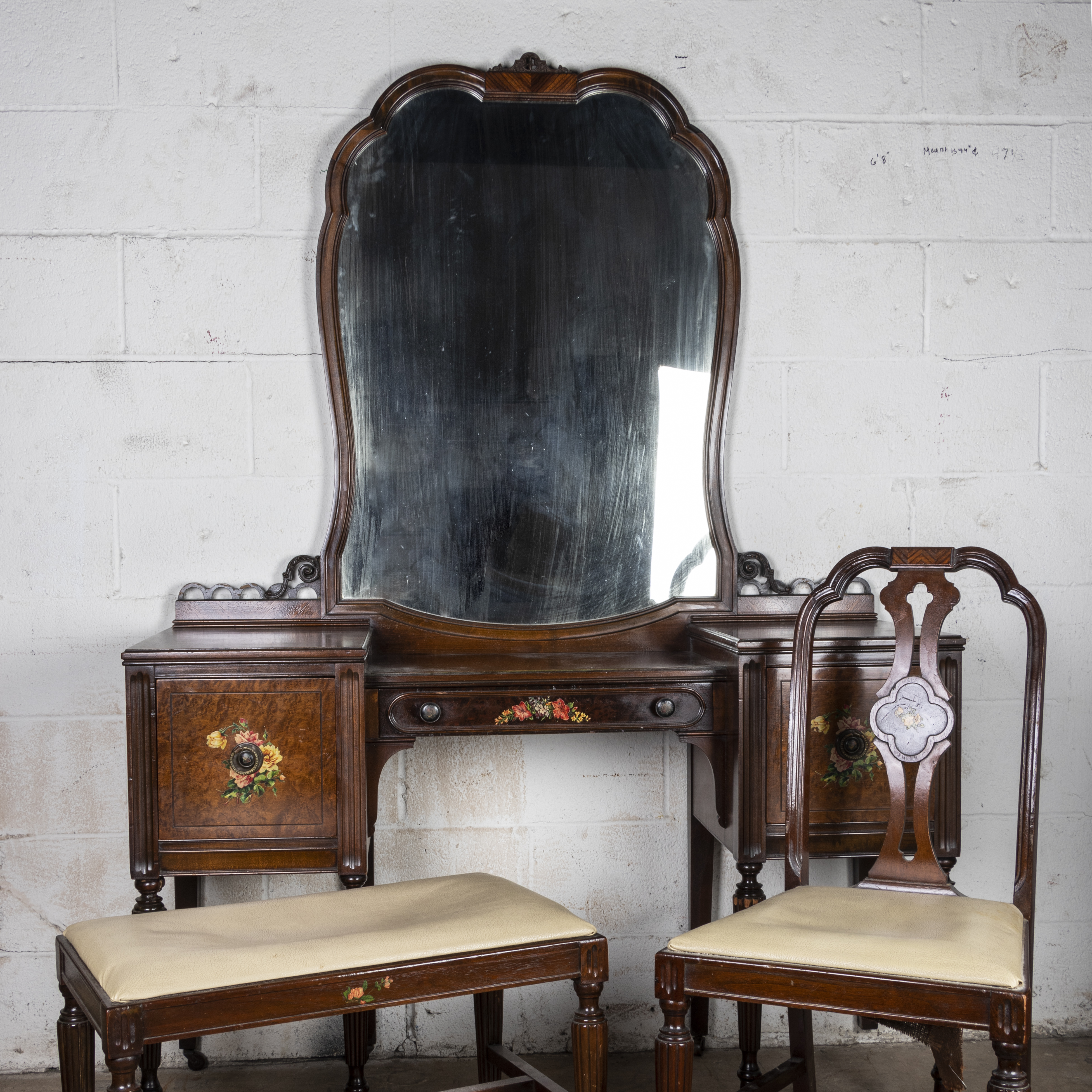 Vintage Victorian Style Vanity with Side Chair and Vanity Stool