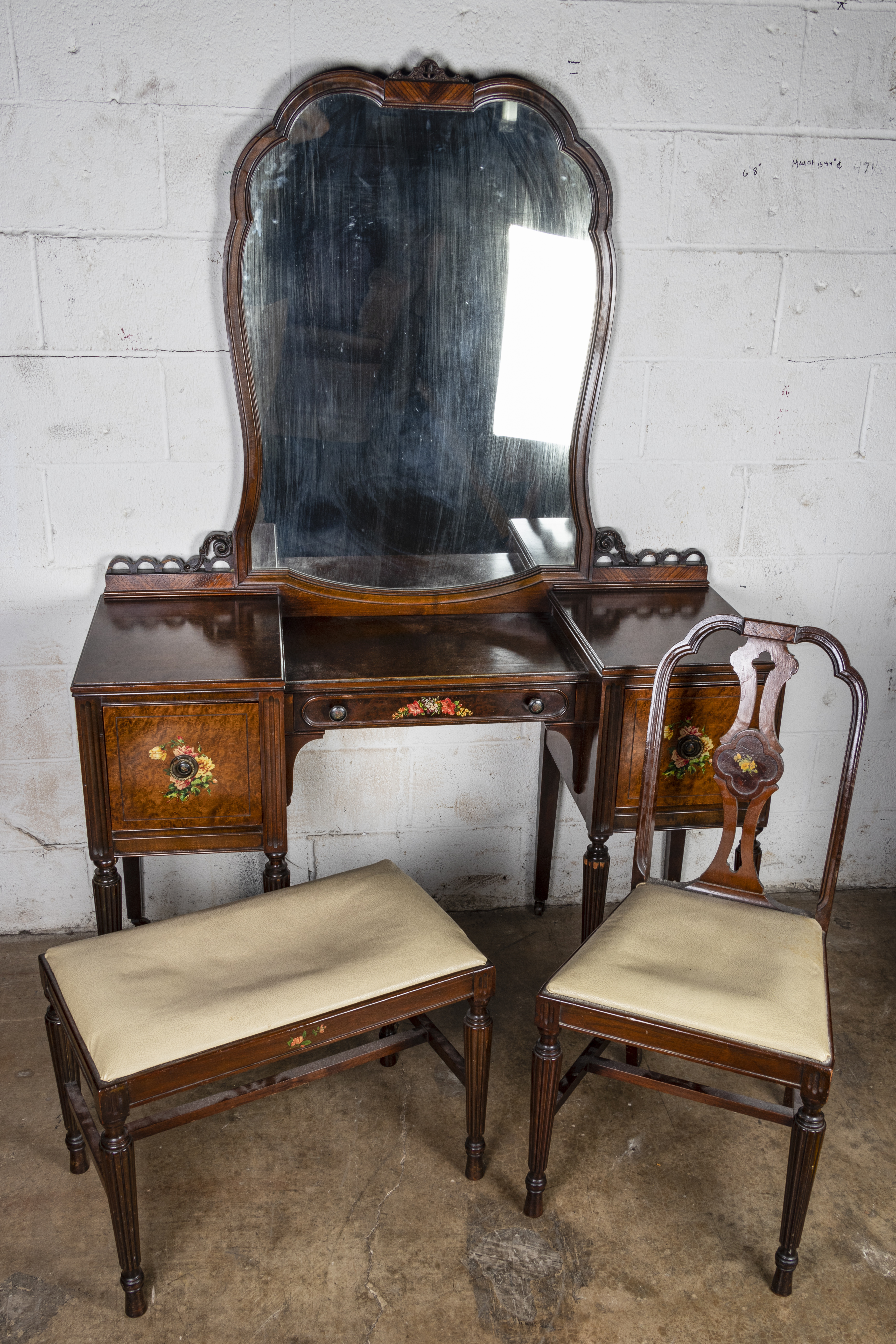 Vintage Victorian Style Vanity with Side Chair and Vanity Stool