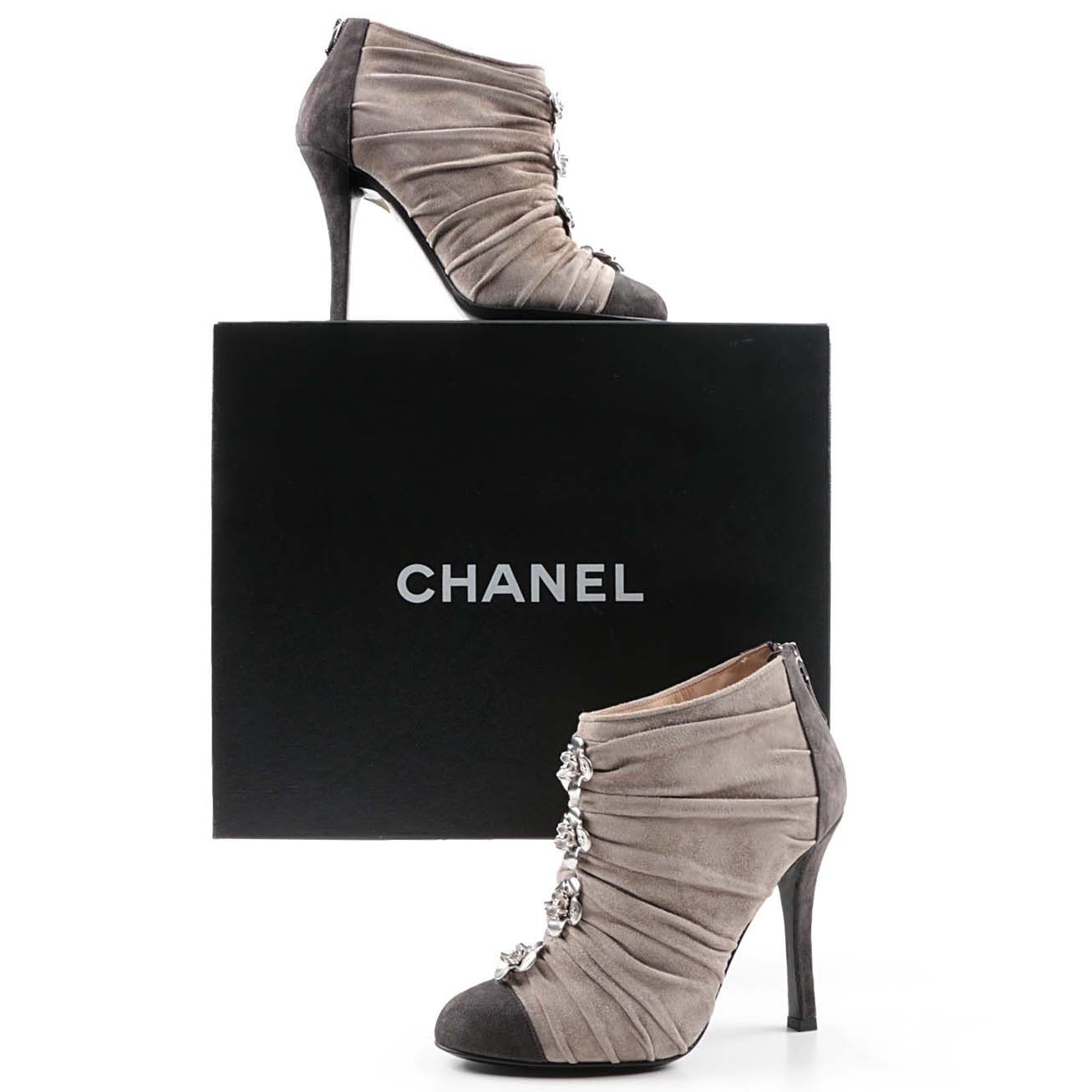Chanel Ruched Gray Suede Cap Toe High-Heeled Booties with Camellia Buttons