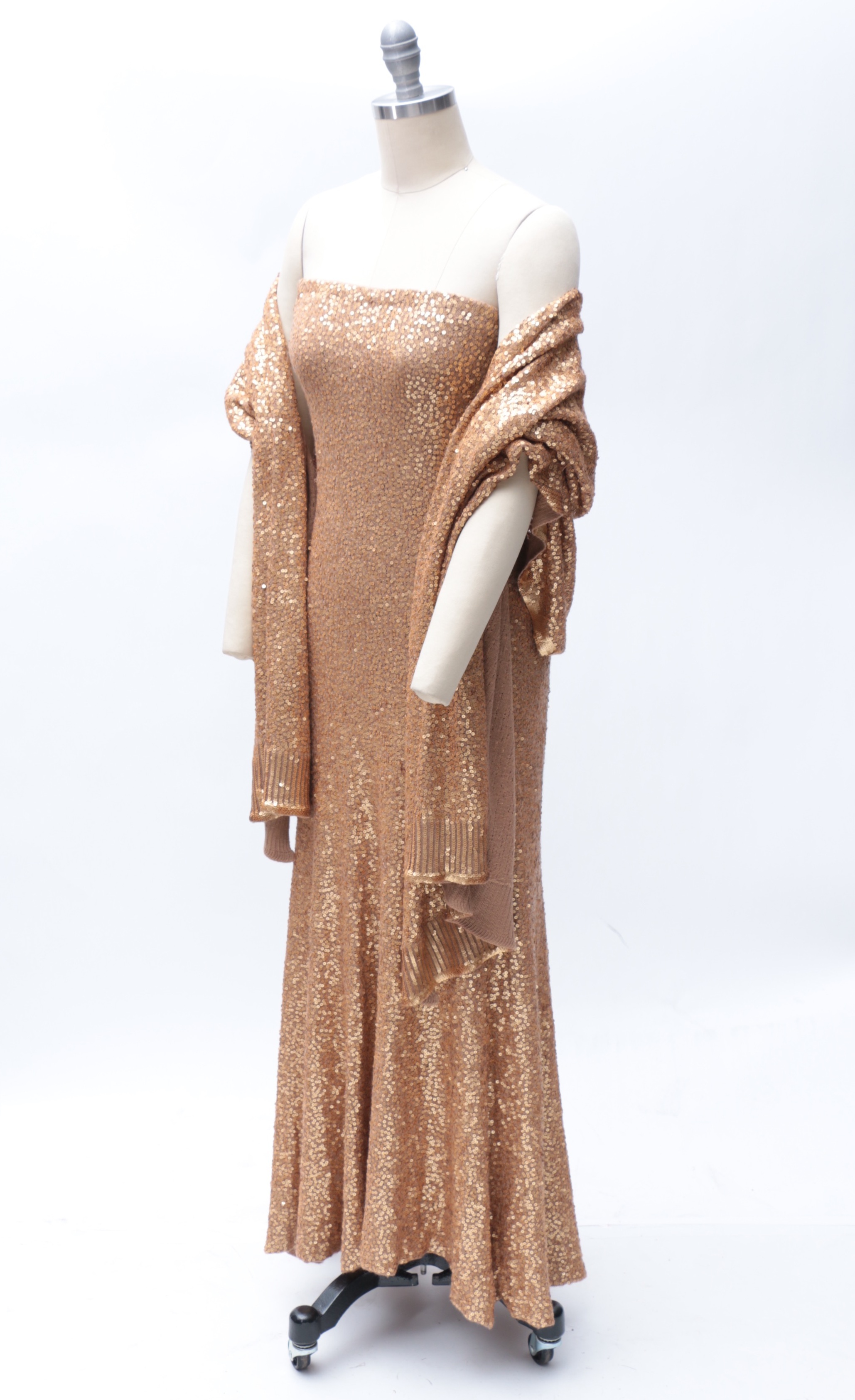 Donna Karan New York Label Gold Sequined Cashmere Gown and Wrap