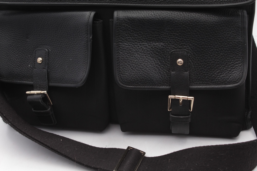 Giorgio Armani Italian Black Pebbled Leather and Fabric Satchel