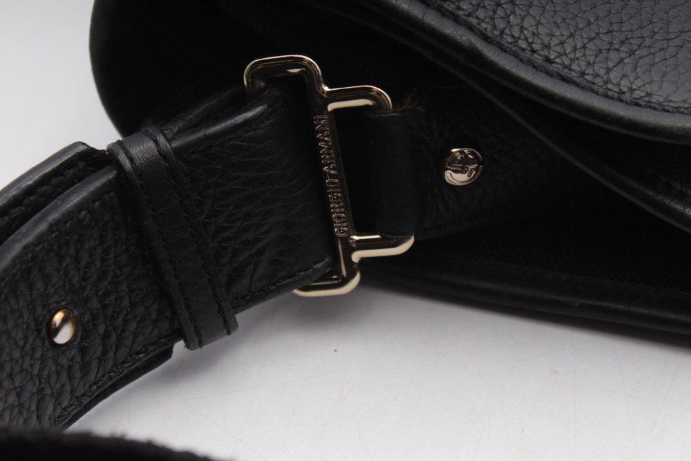 Giorgio Armani Italian Black Pebbled Leather and Fabric Satchel