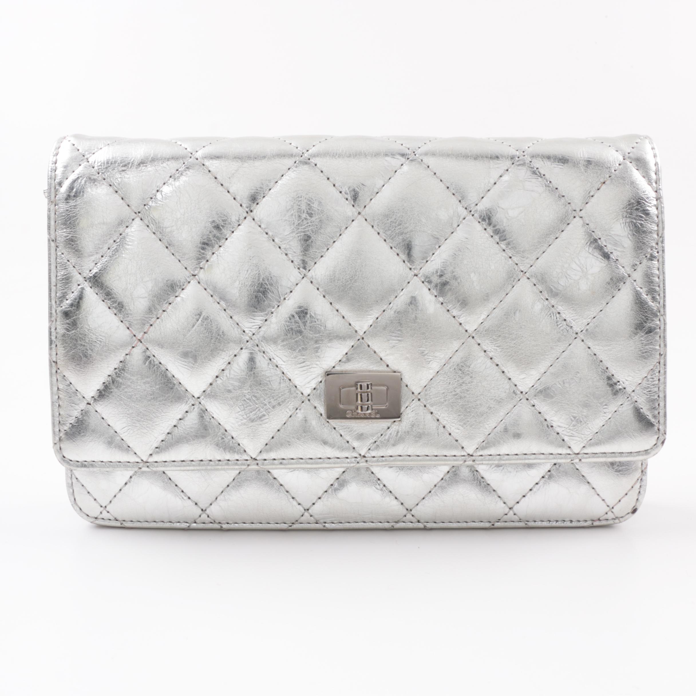 Chanel Quilted Silver Metallic Clutch on a Chain