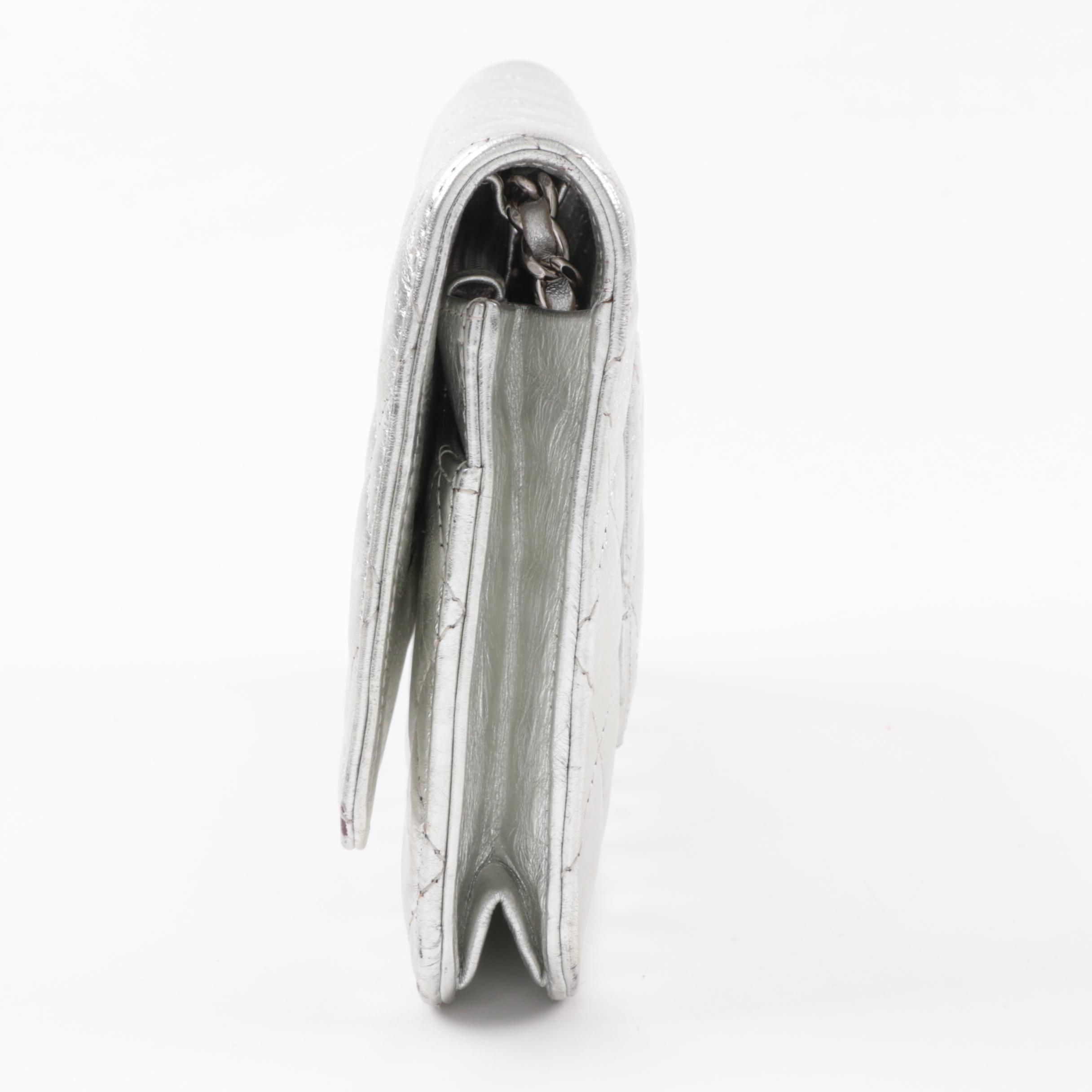 Chanel Quilted Silver Metallic Clutch on a Chain