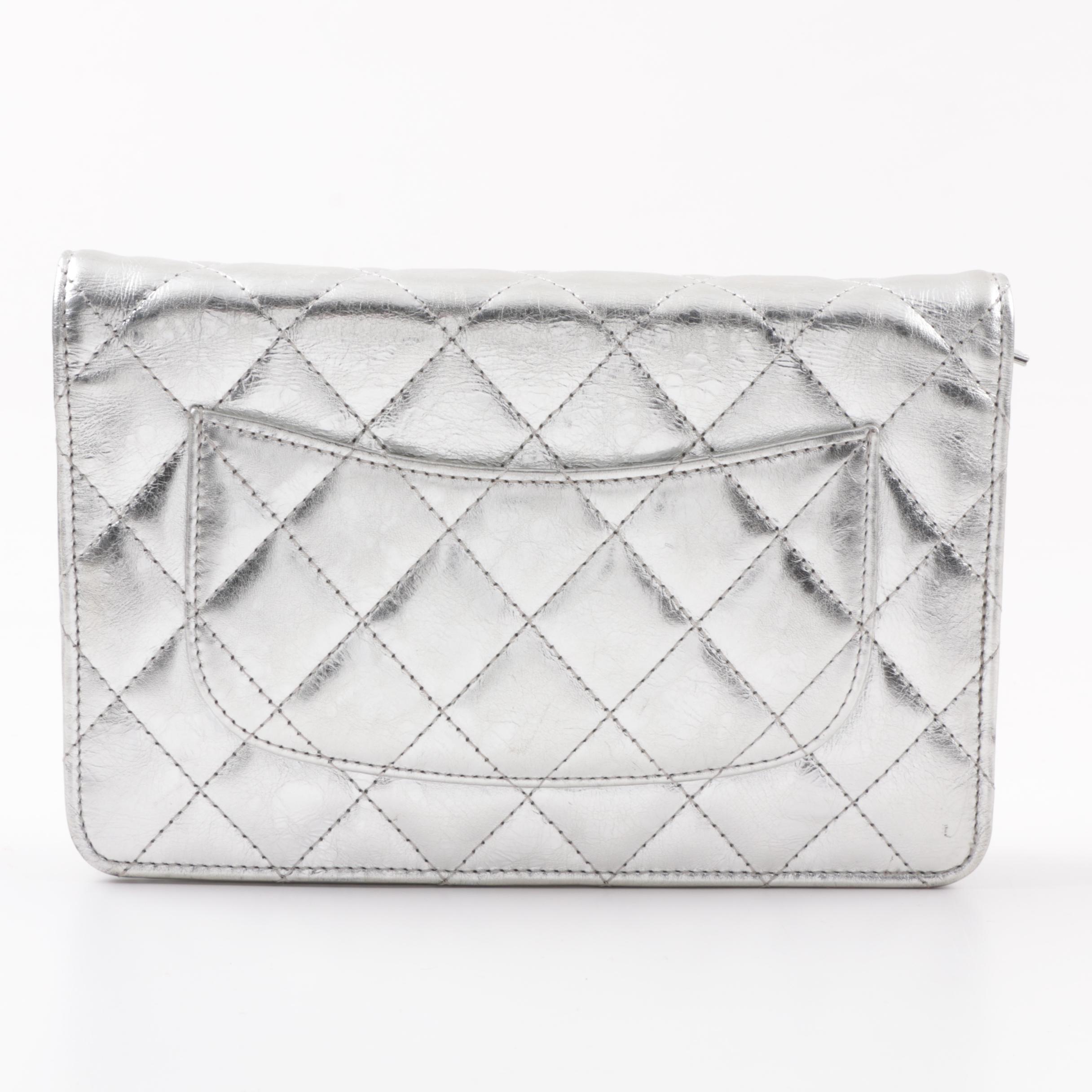 Chanel Quilted Silver Metallic Clutch on a Chain