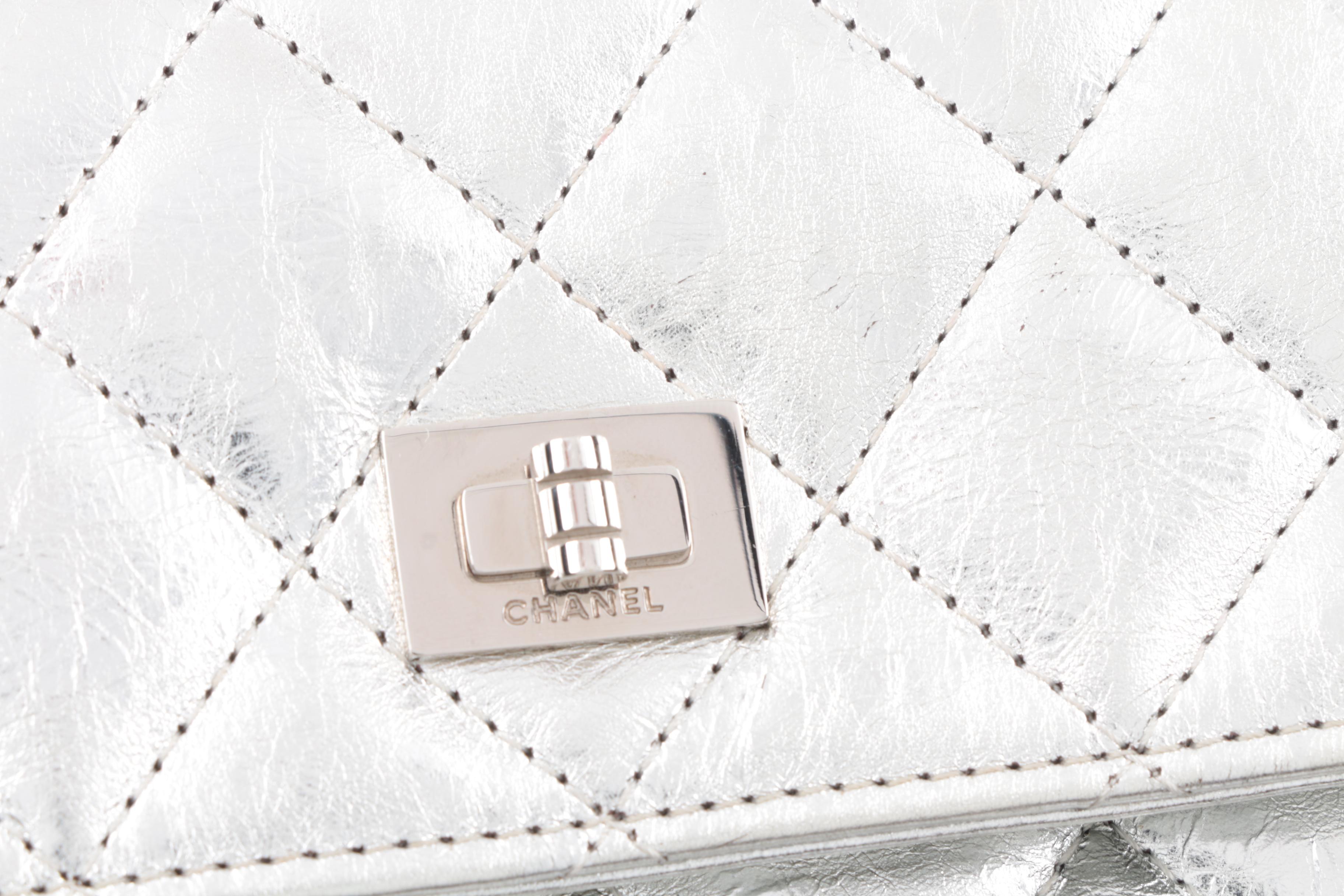 Chanel Quilted Silver Metallic Clutch on a Chain