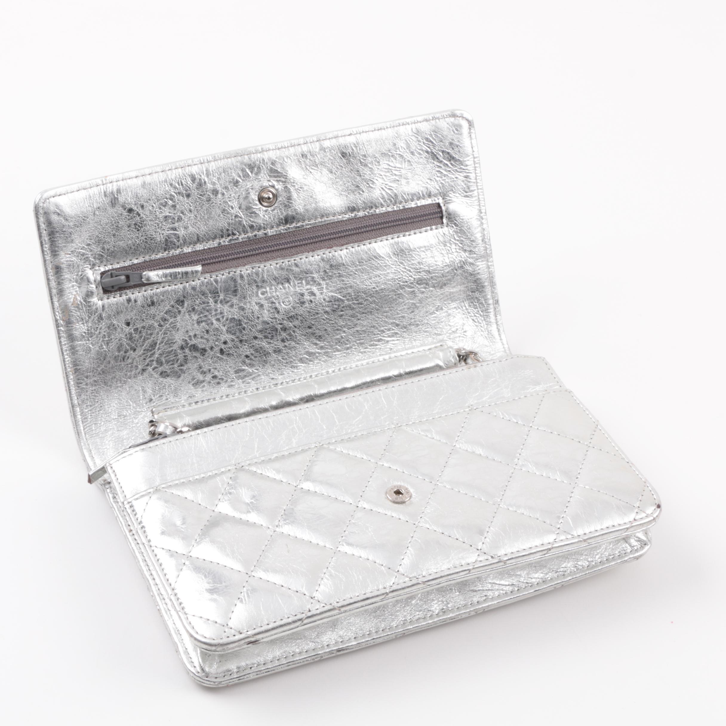 Chanel Quilted Silver Metallic Clutch on a Chain