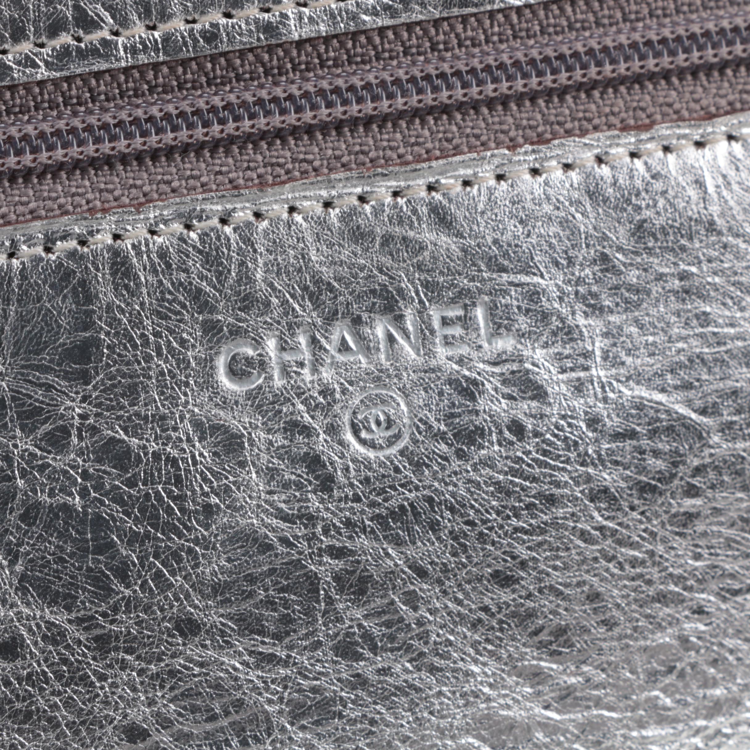 Chanel Quilted Silver Metallic Clutch on a Chain