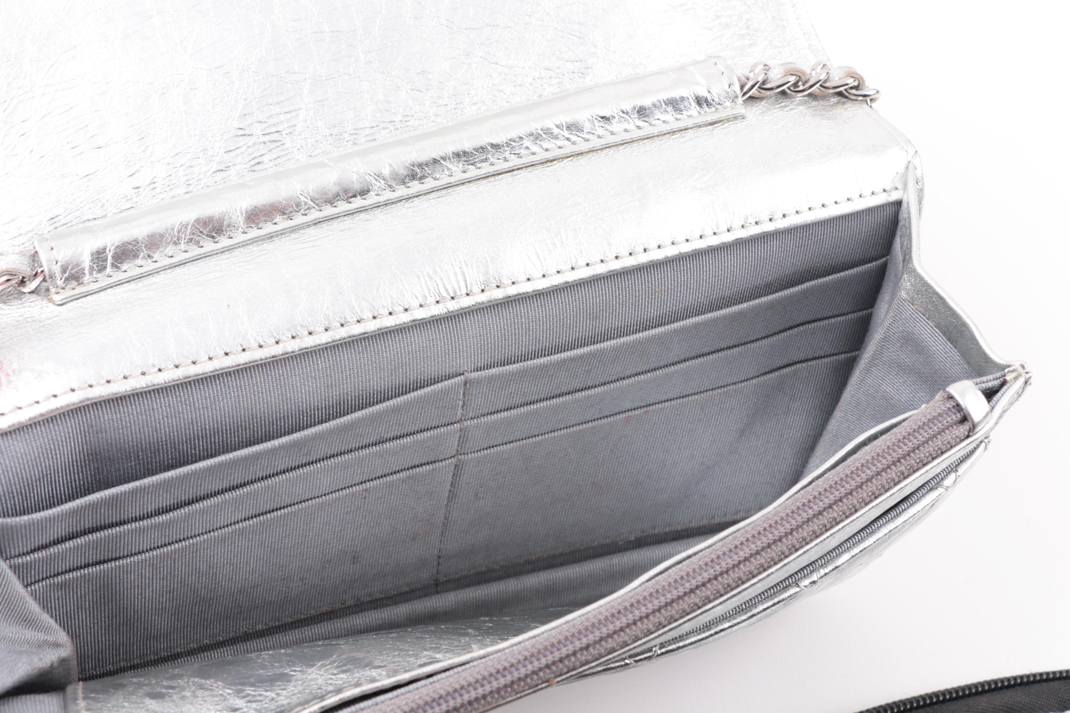 Chanel Quilted Silver Metallic Clutch on a Chain