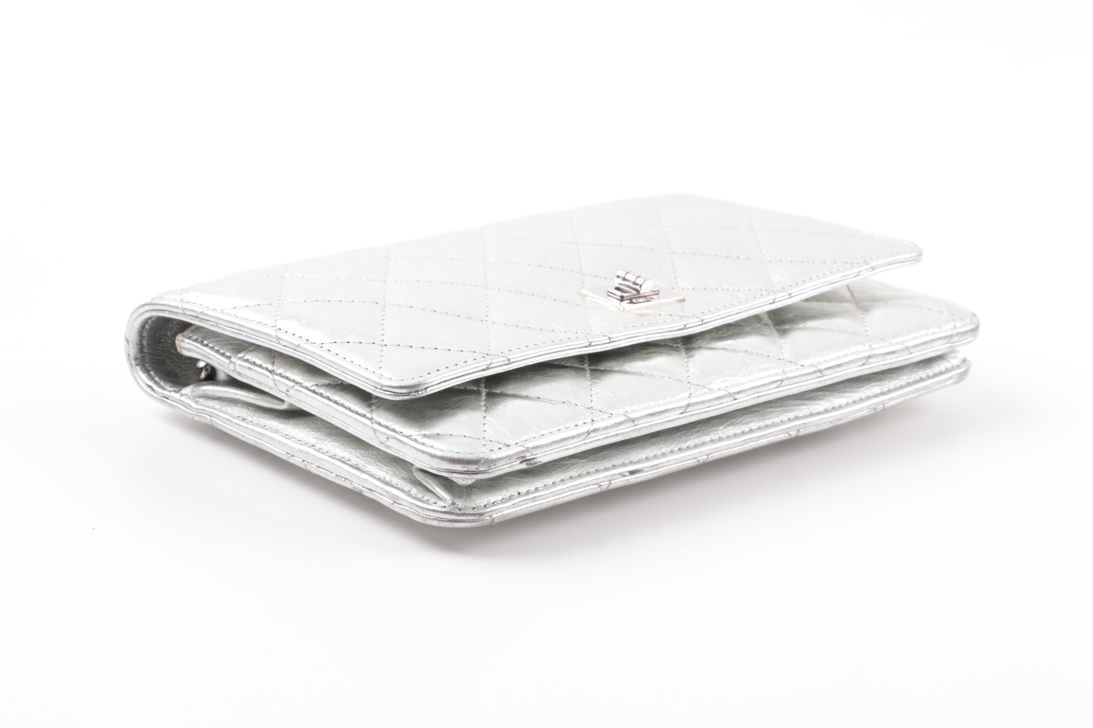 Chanel Quilted Silver Metallic Clutch on a Chain
