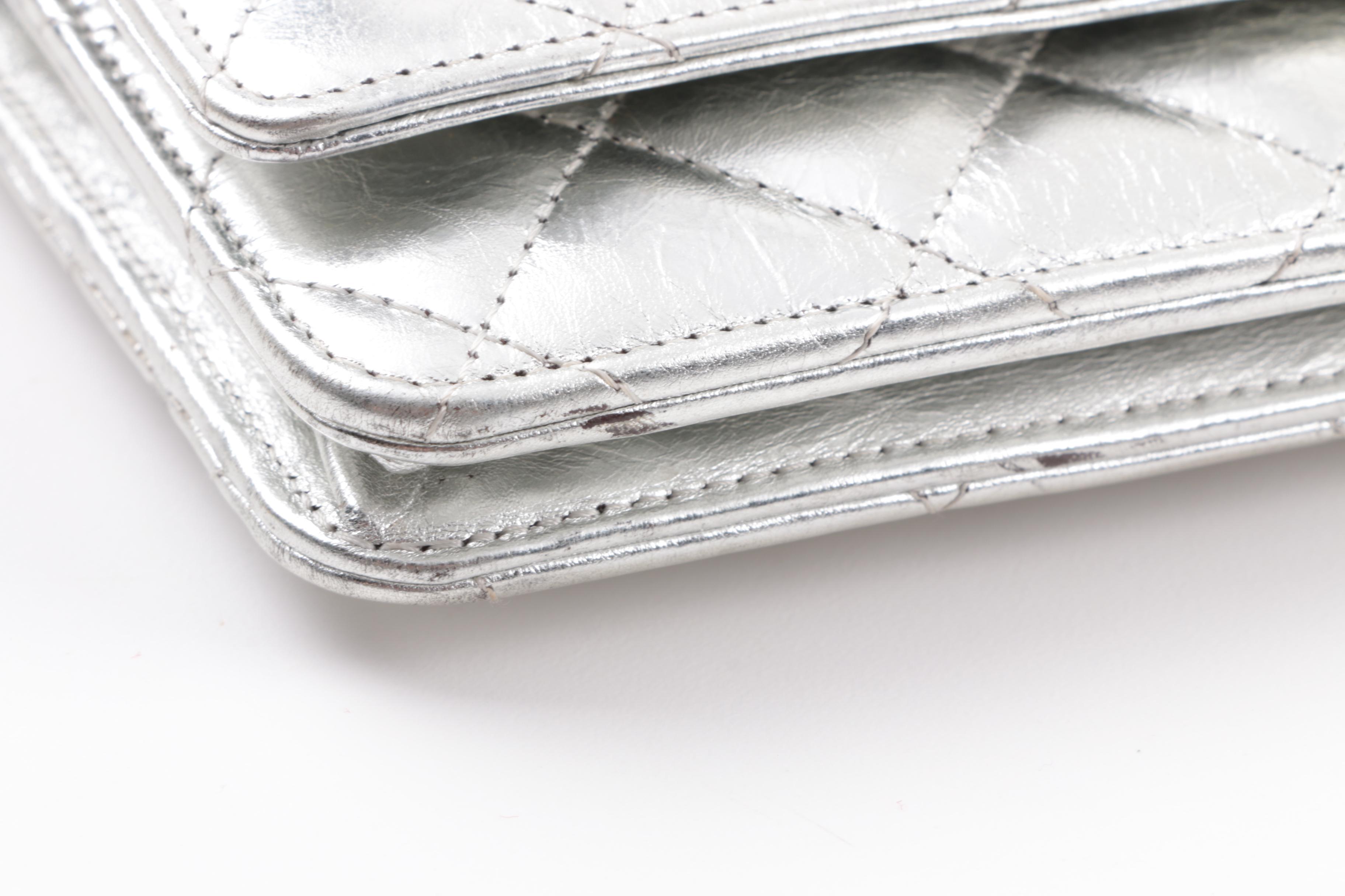 Chanel Quilted Silver Metallic Clutch on a Chain