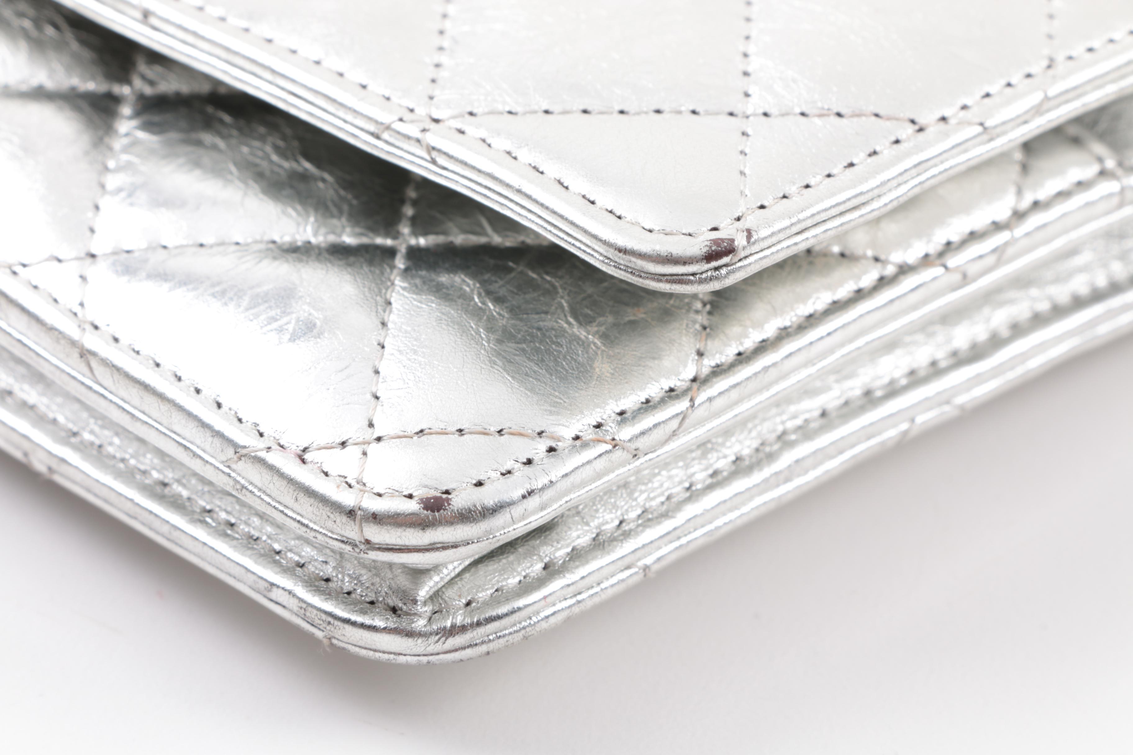 Chanel Quilted Silver Metallic Clutch on a Chain