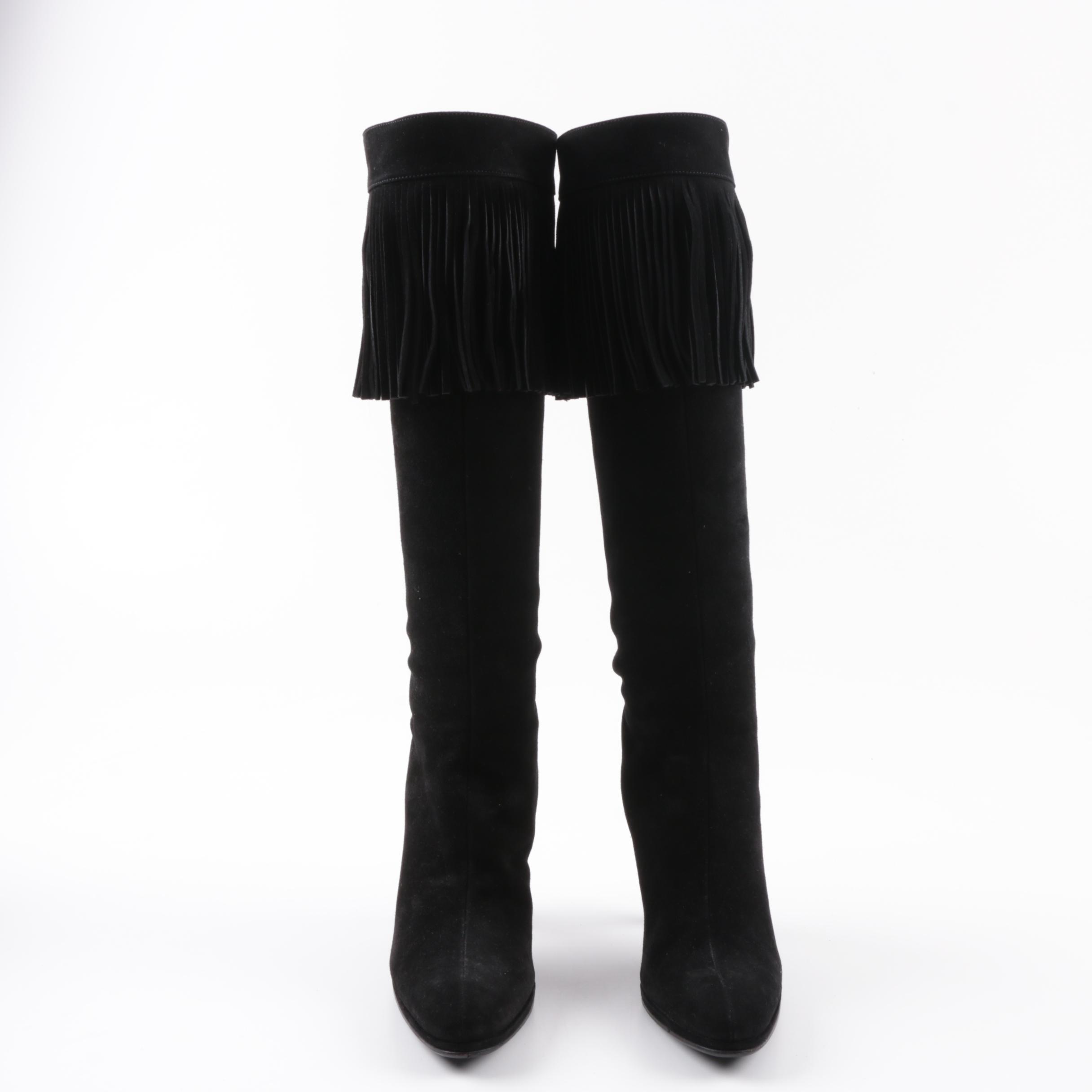 Helmut Lang Black Suede Knee-High Fringe Boots