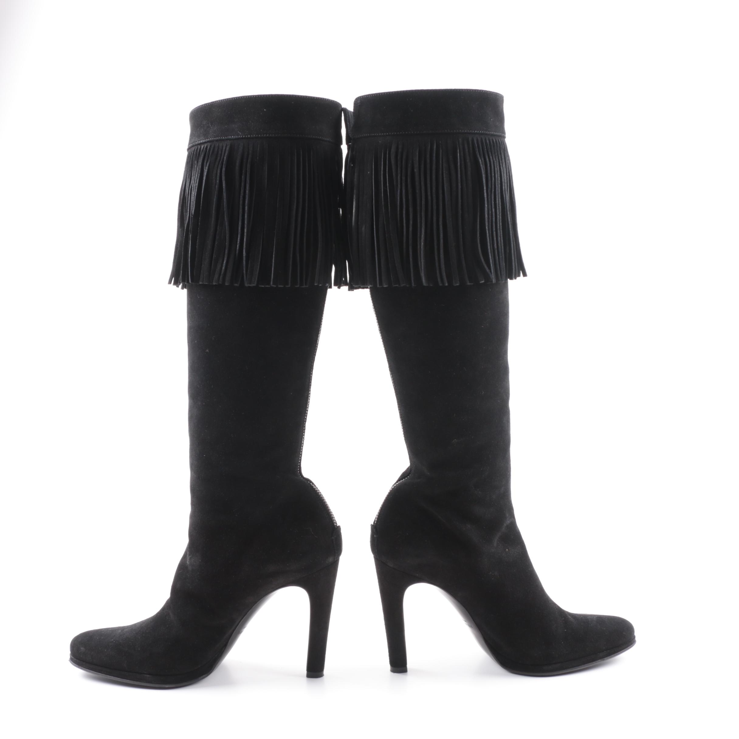 Helmut Lang Black Suede Knee-High Fringe Boots