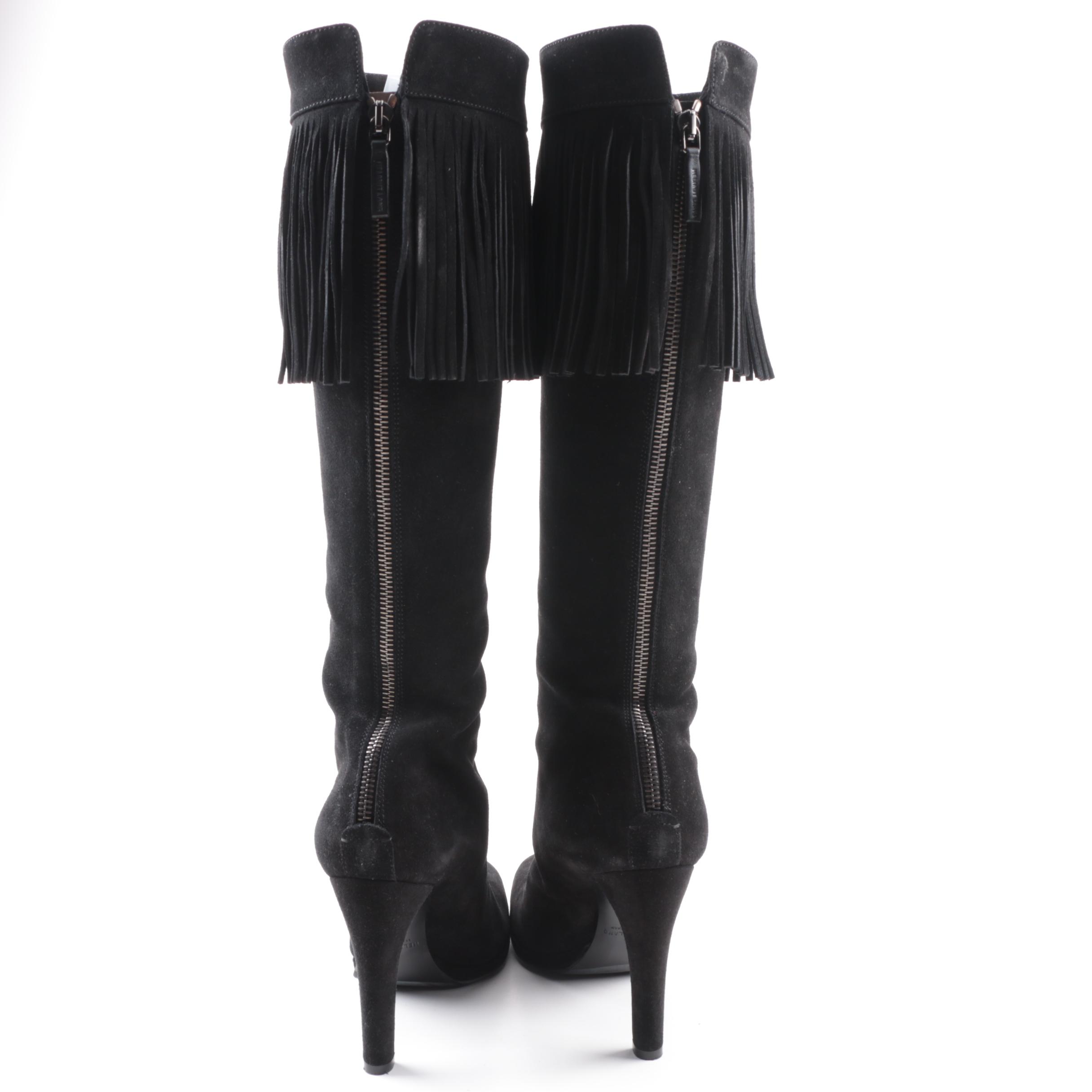 Helmut Lang Black Suede Knee-High Fringe Boots