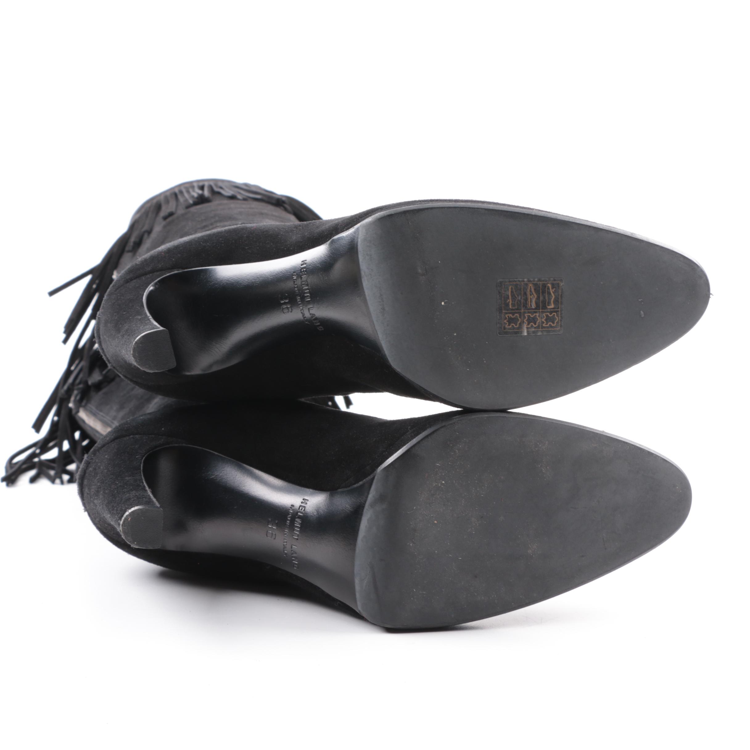 Helmut Lang Black Suede Knee-High Fringe Boots