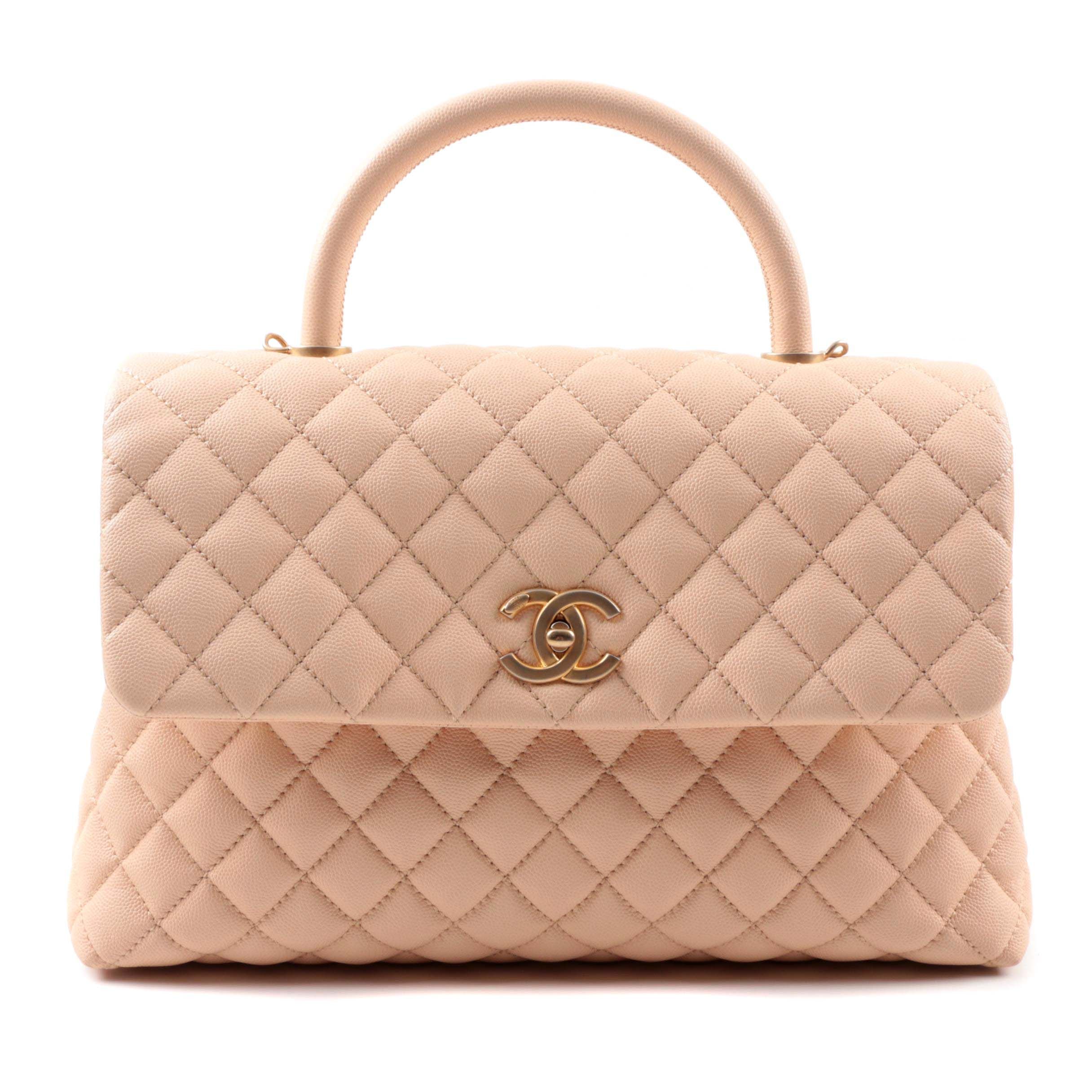 Chanel Caviar Quilted Medium Coco Handle Flap Handbag in Light Beige