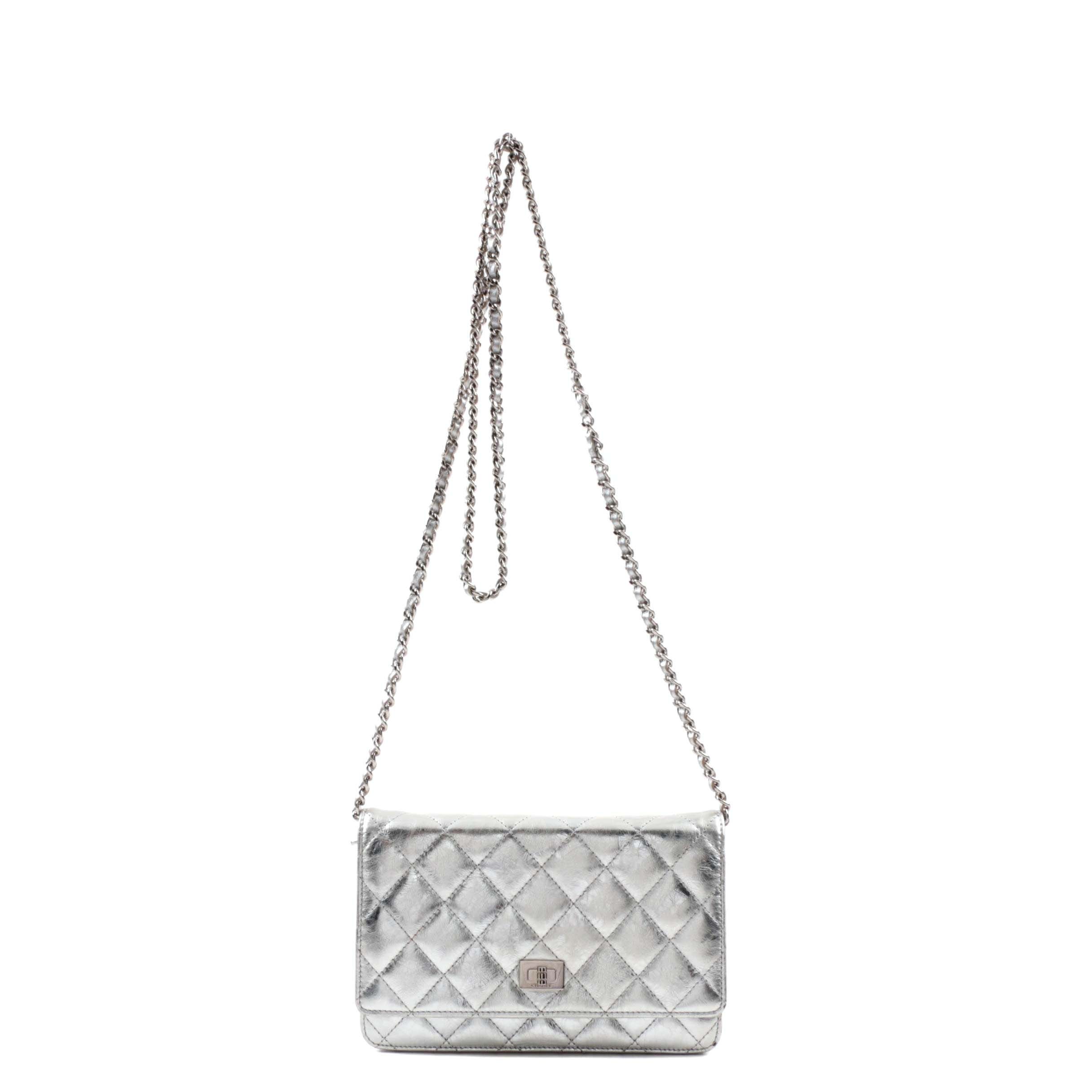 Chanel Quilted Silver Metallic Clutch on a Chain