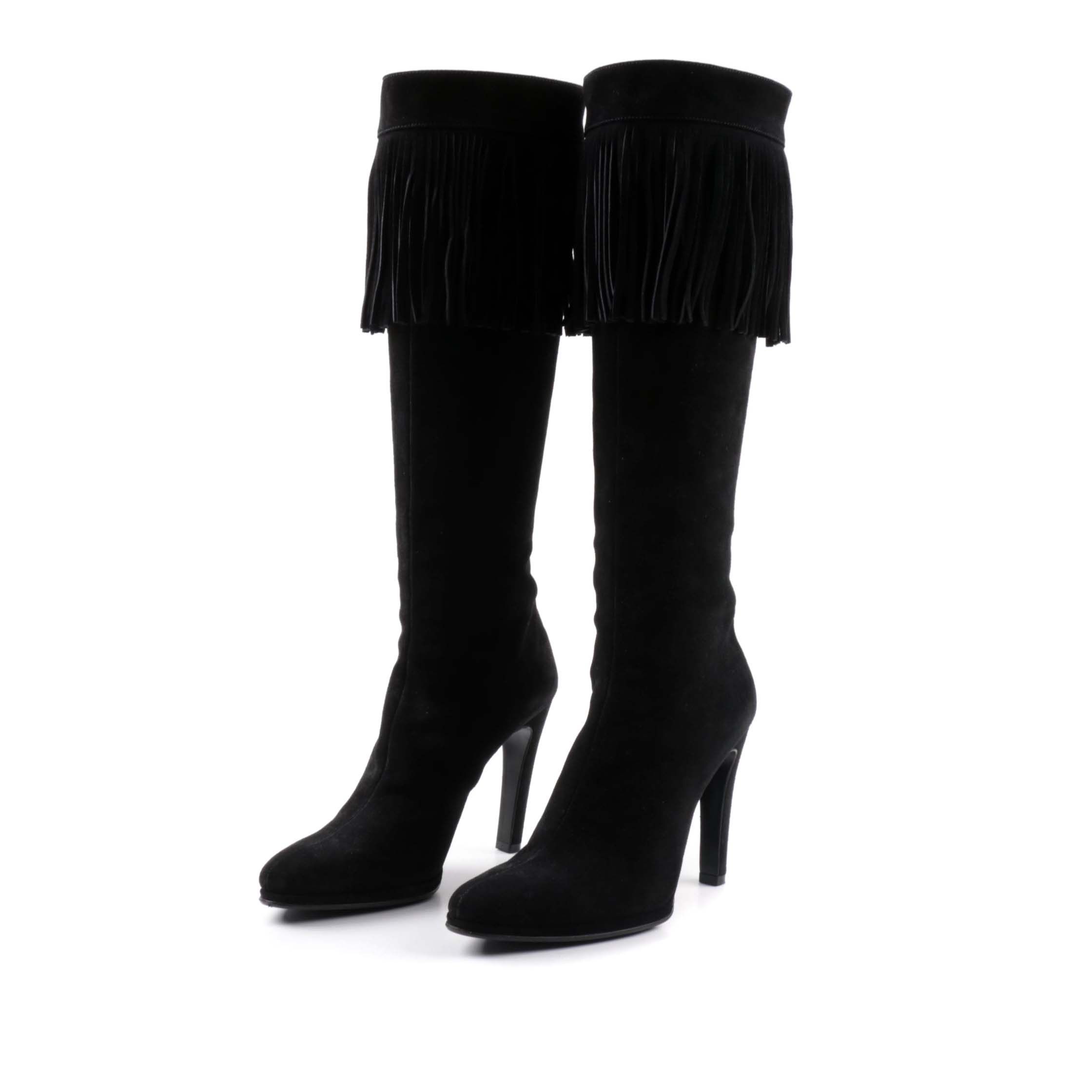 Helmut Lang Black Suede Knee-High Fringe Boots