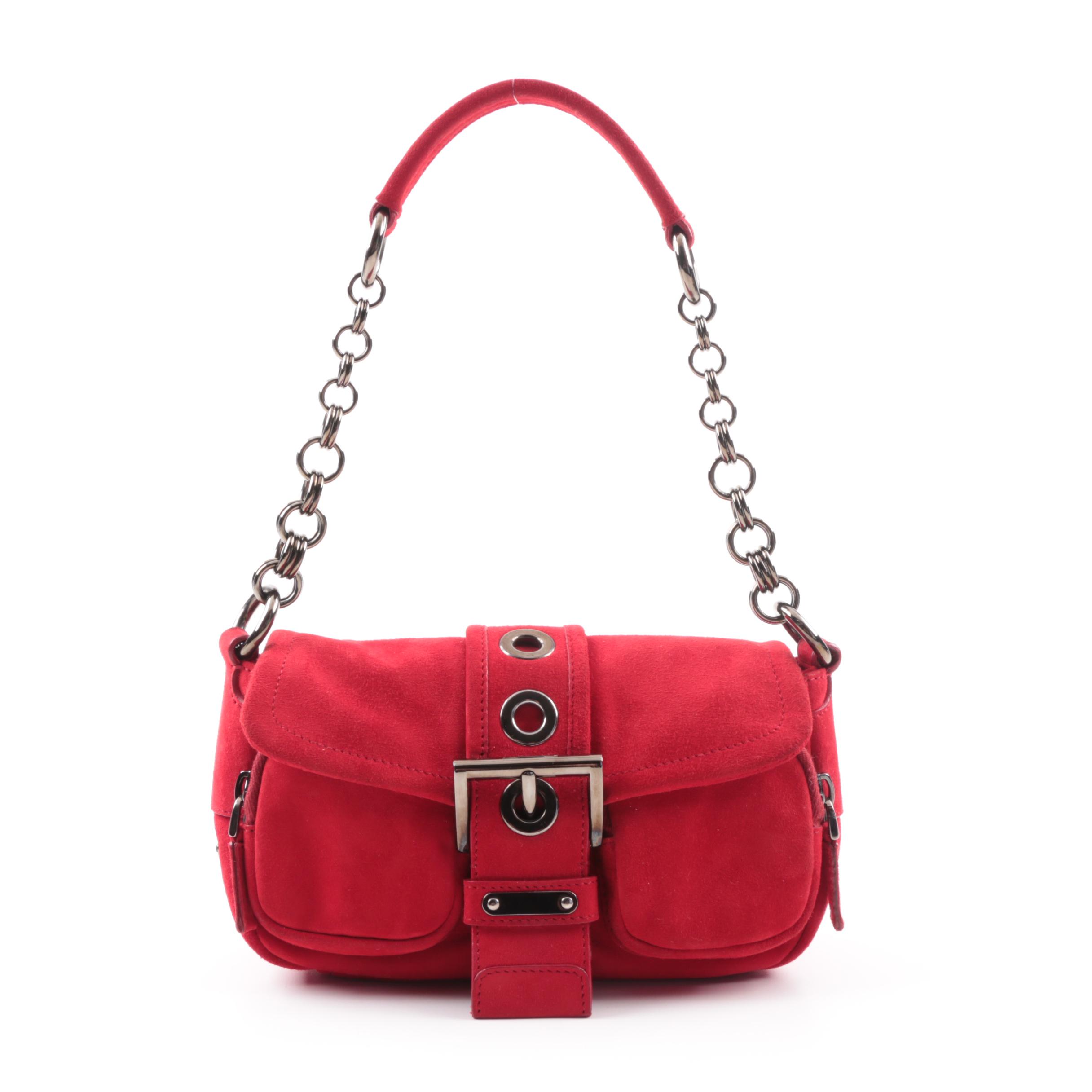 Prada Camoscio Micro Red Suede Baguette Shoulder Bag