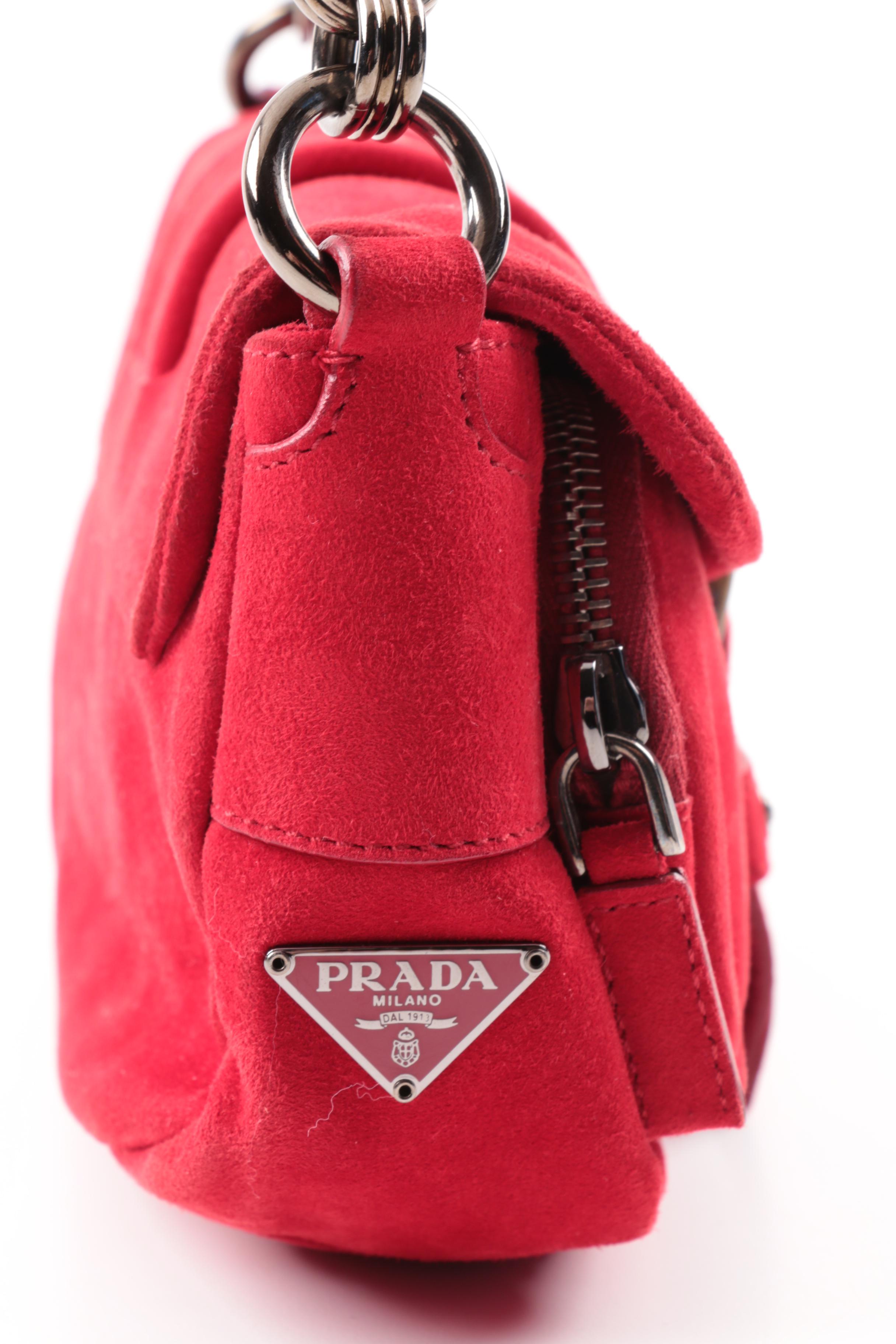 Prada Camoscio Micro Red Suede Baguette Shoulder Bag