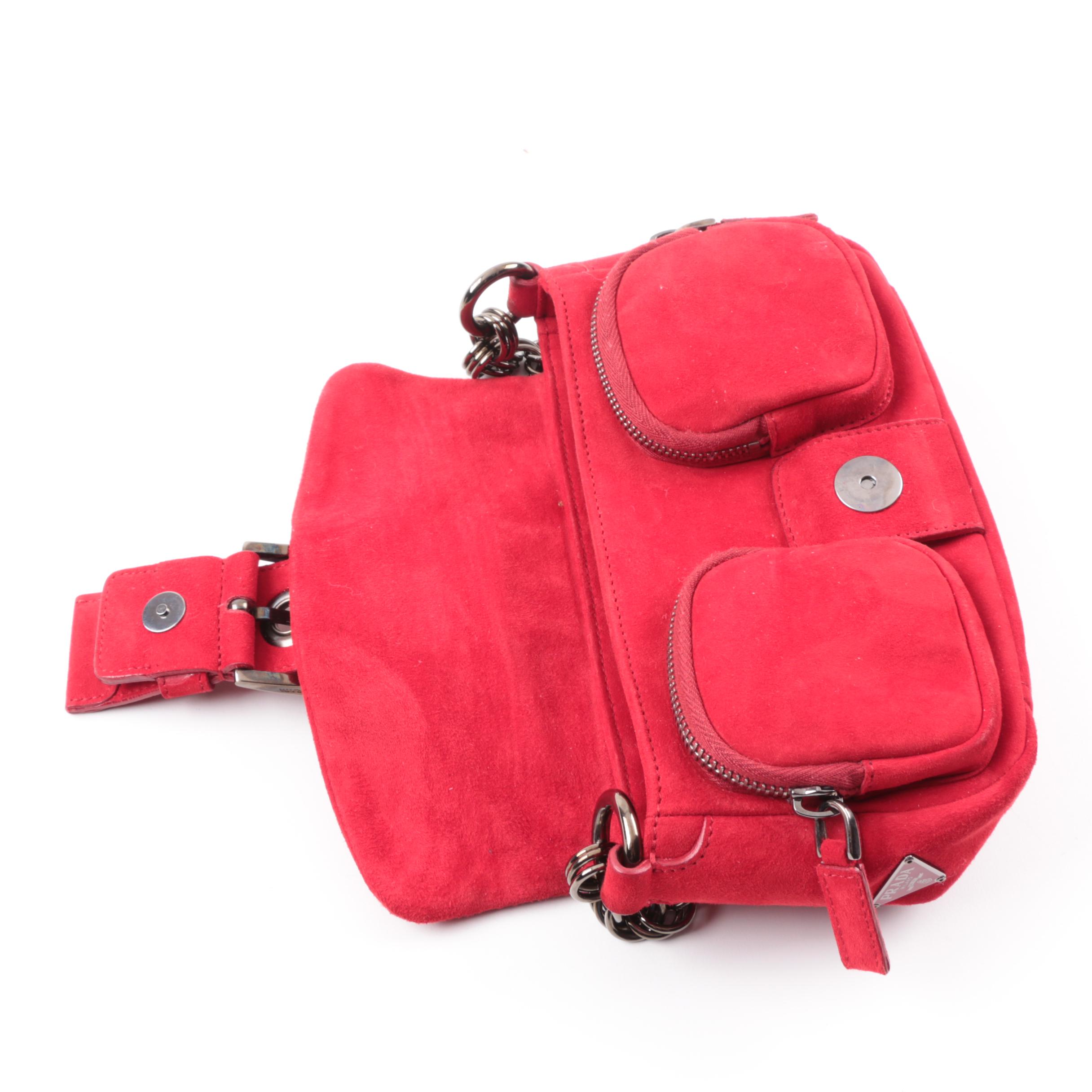Prada Camoscio Micro Red Suede Baguette Shoulder Bag