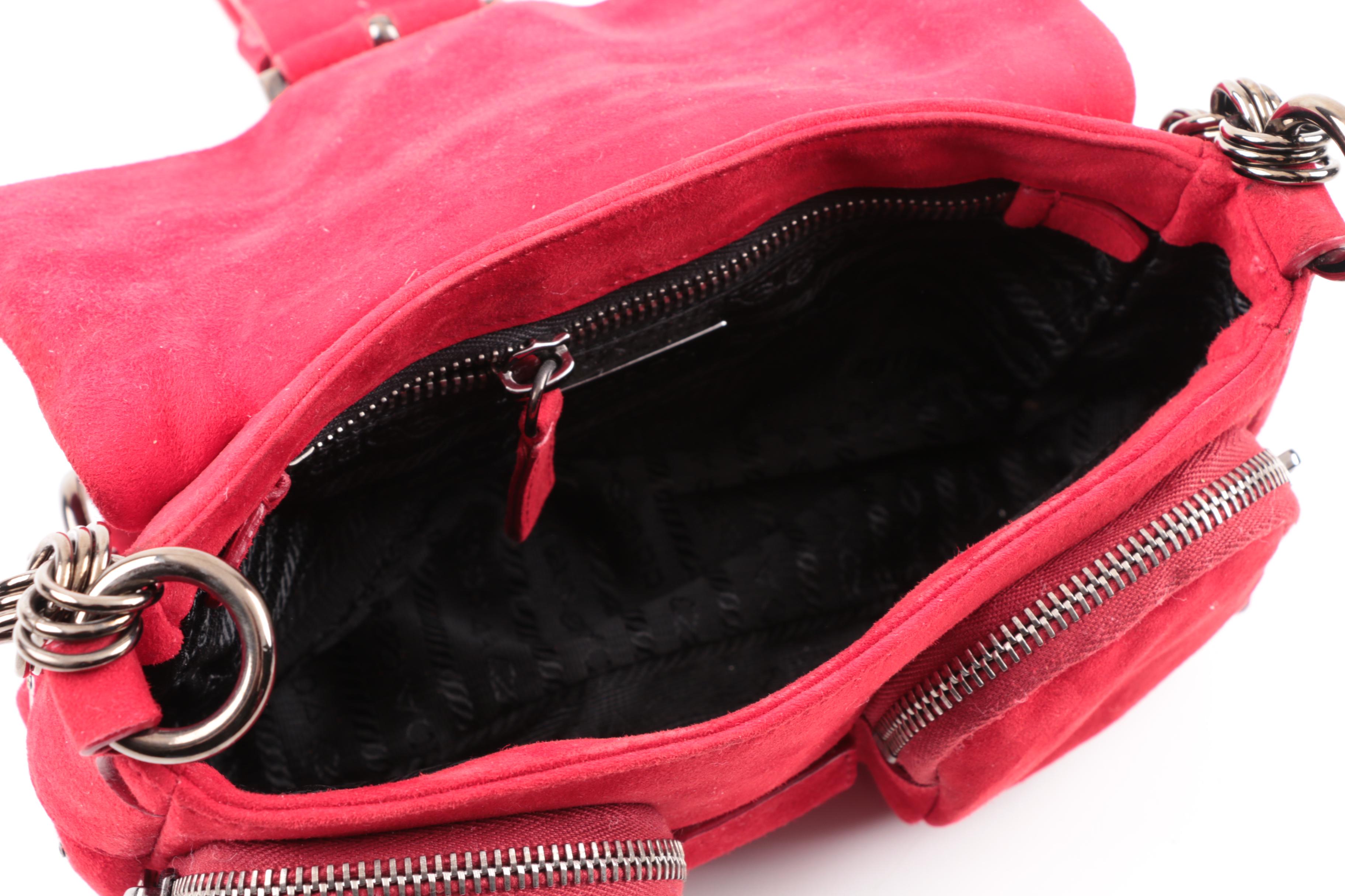 Prada Camoscio Micro Red Suede Baguette Shoulder Bag