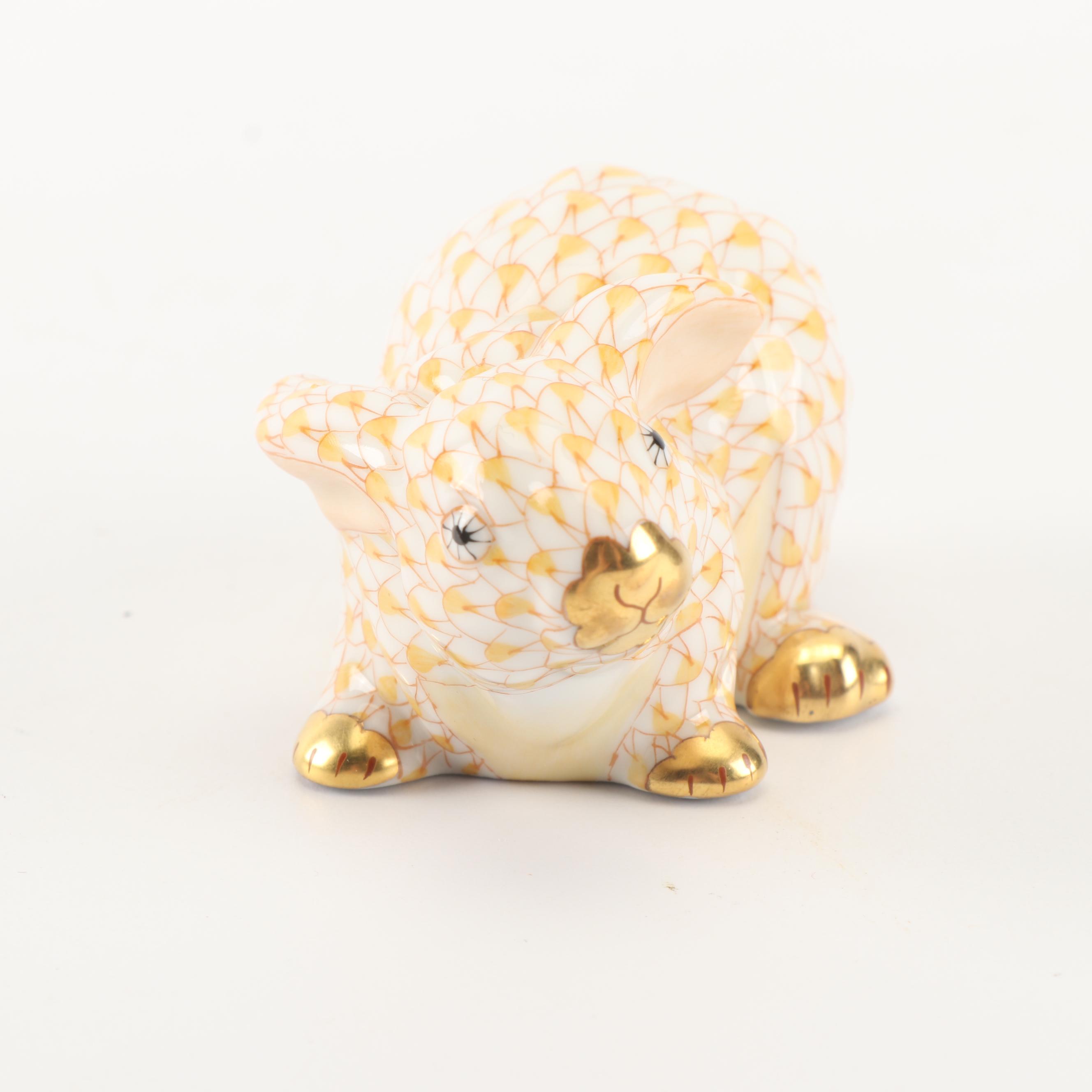 Herend Hand-Painted Porcelain "Crouching Bunny" Figurine