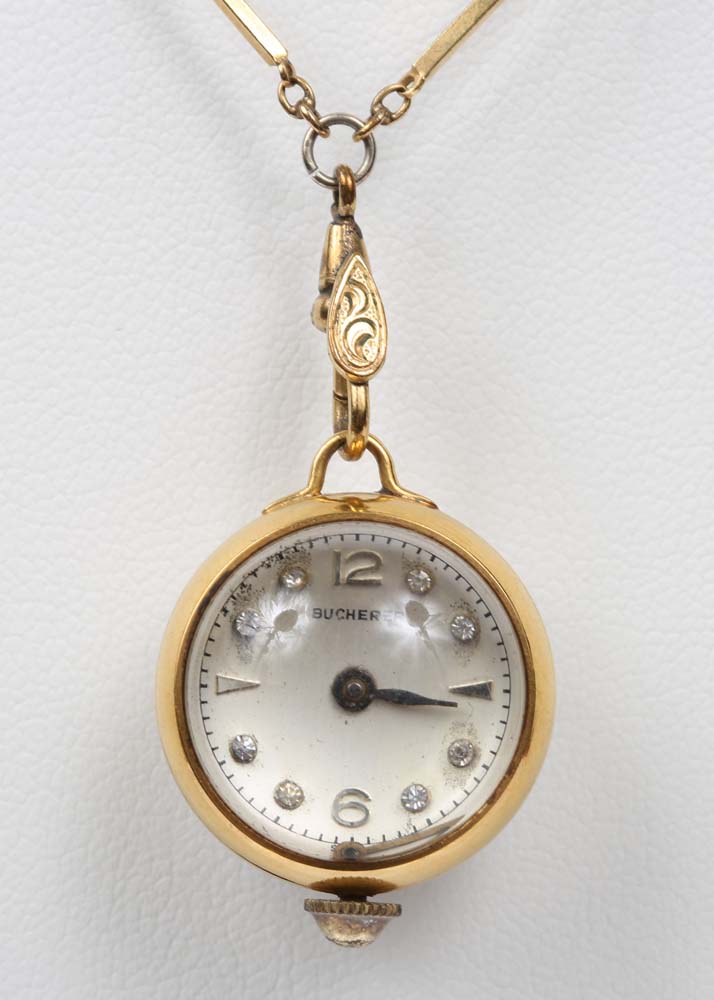 Vintage Gold Tone Bucherer Pendant Watch Necklace