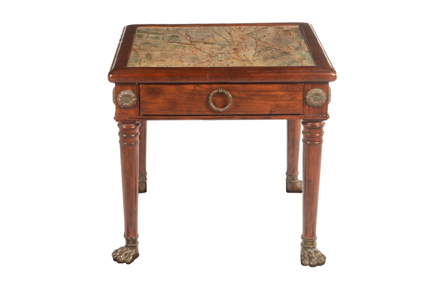 Neoclassical Style Mahogany Finished Wood and Stone Top Side Table, 20th Century