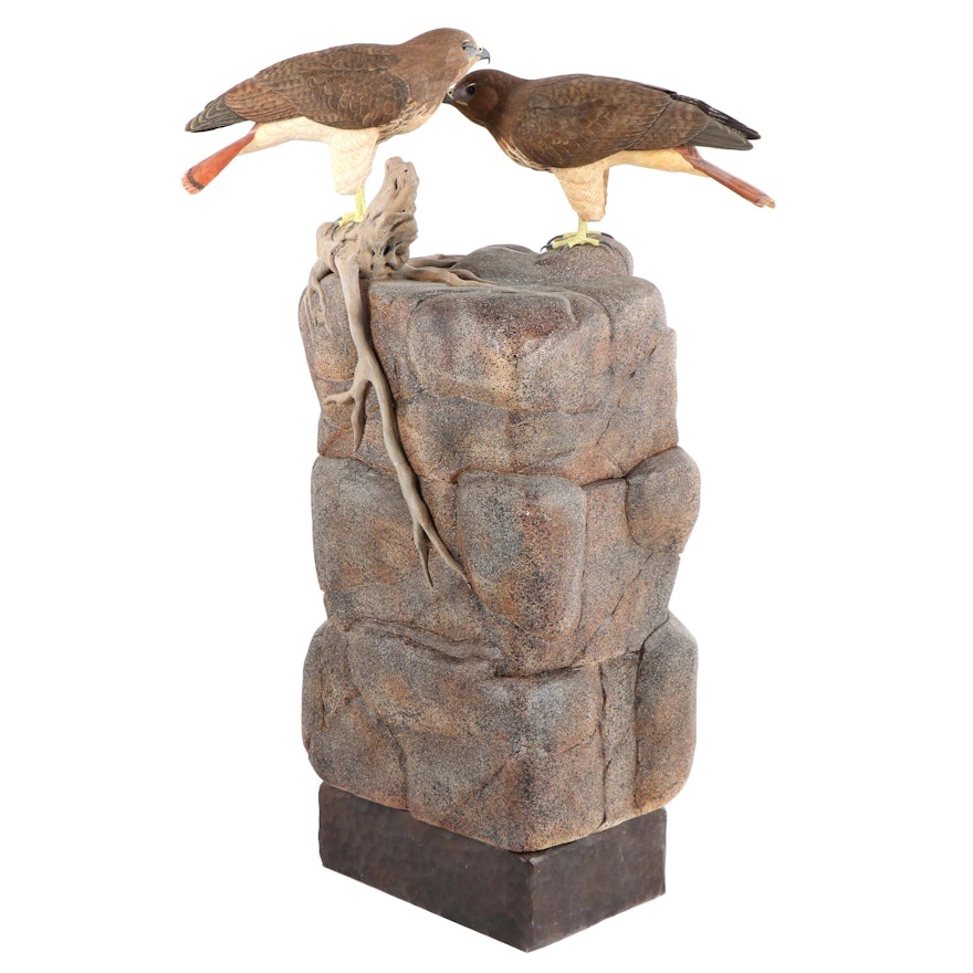 Don Osier "Rocky Affair" Carved Wood Sculpture depicting Red Tailed Hawks
