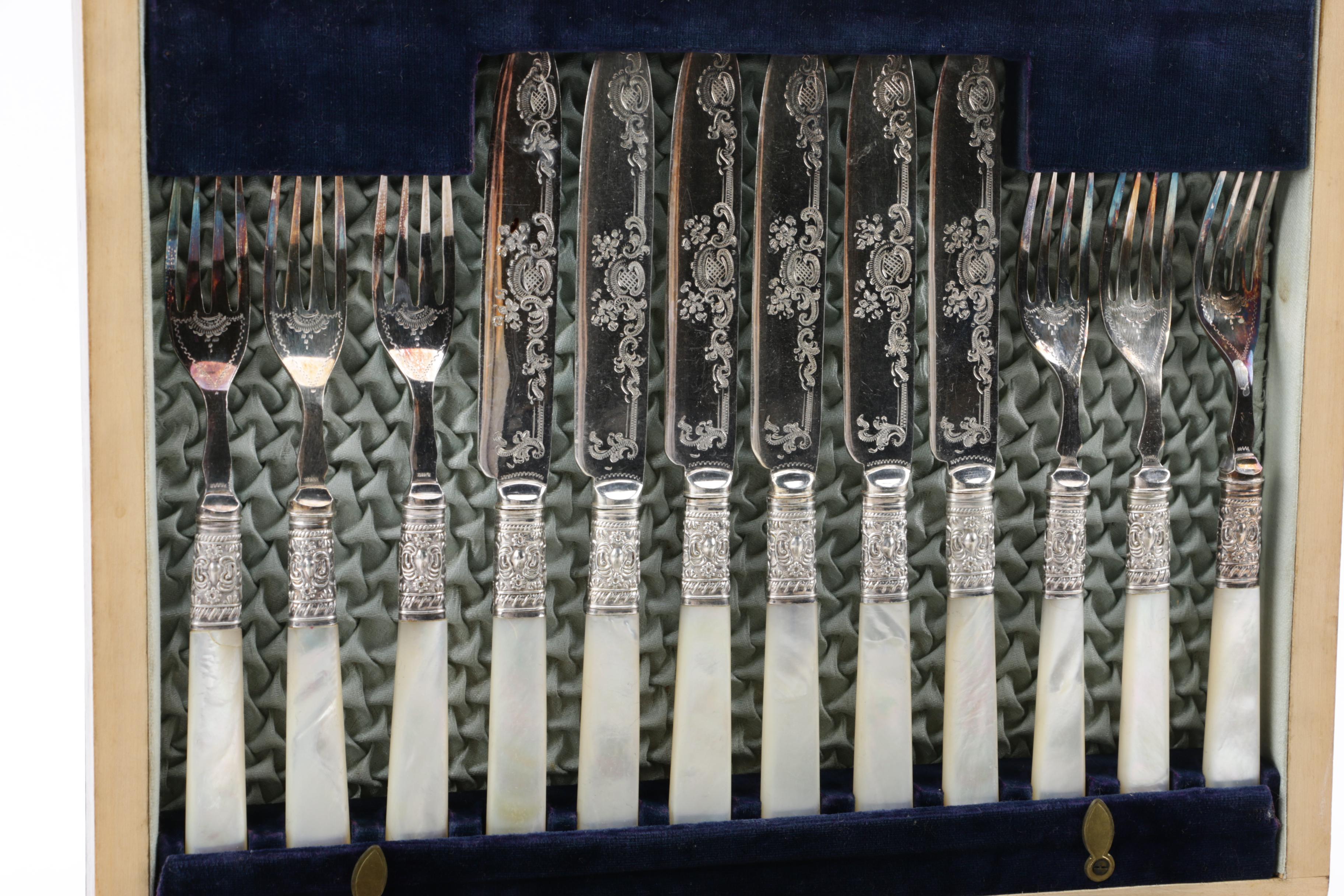 Harrison Fisher & Co. Mother of Pearl and Silver Plate Fork and Knife Set