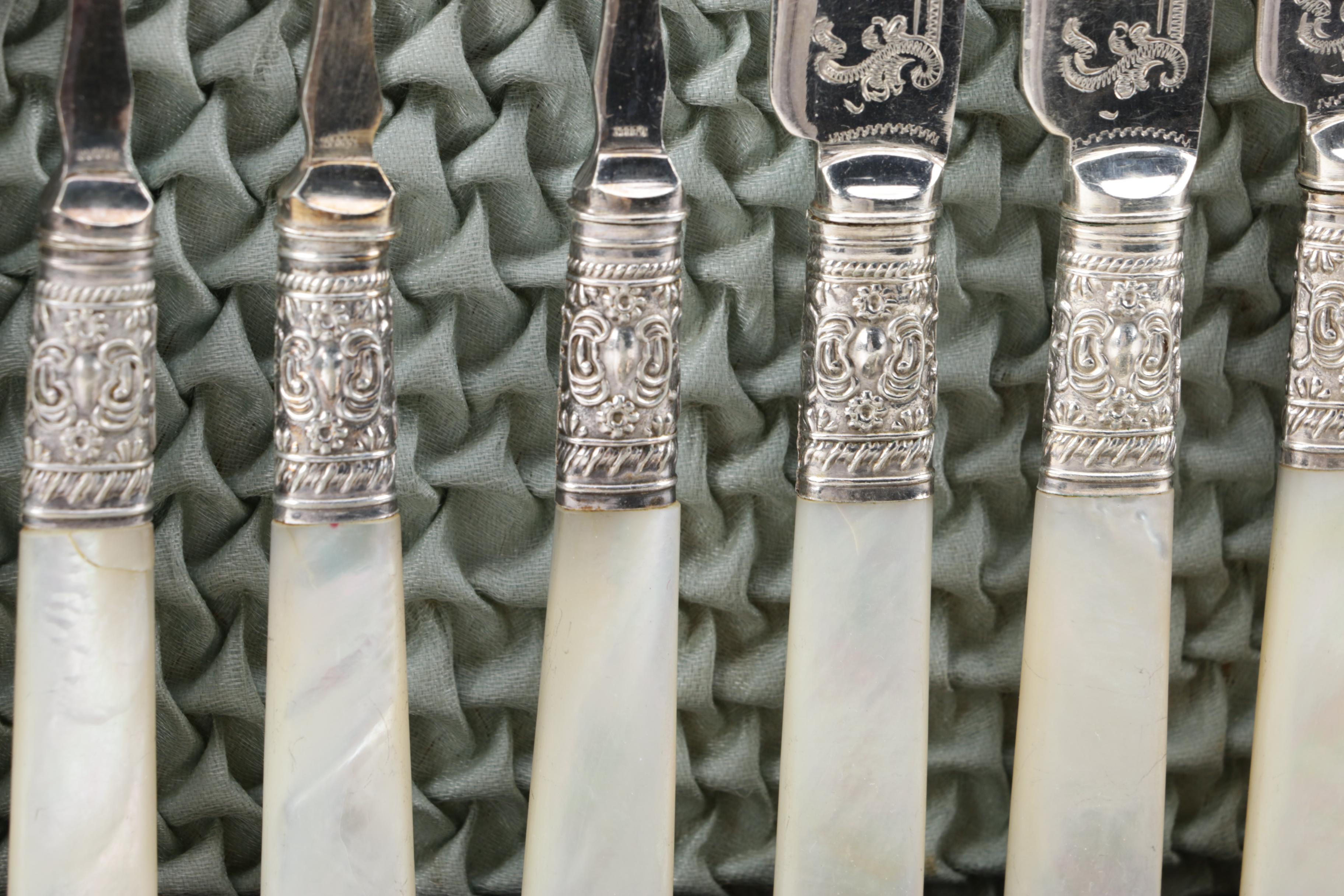 Harrison Fisher & Co. Mother of Pearl and Silver Plate Fork and Knife Set